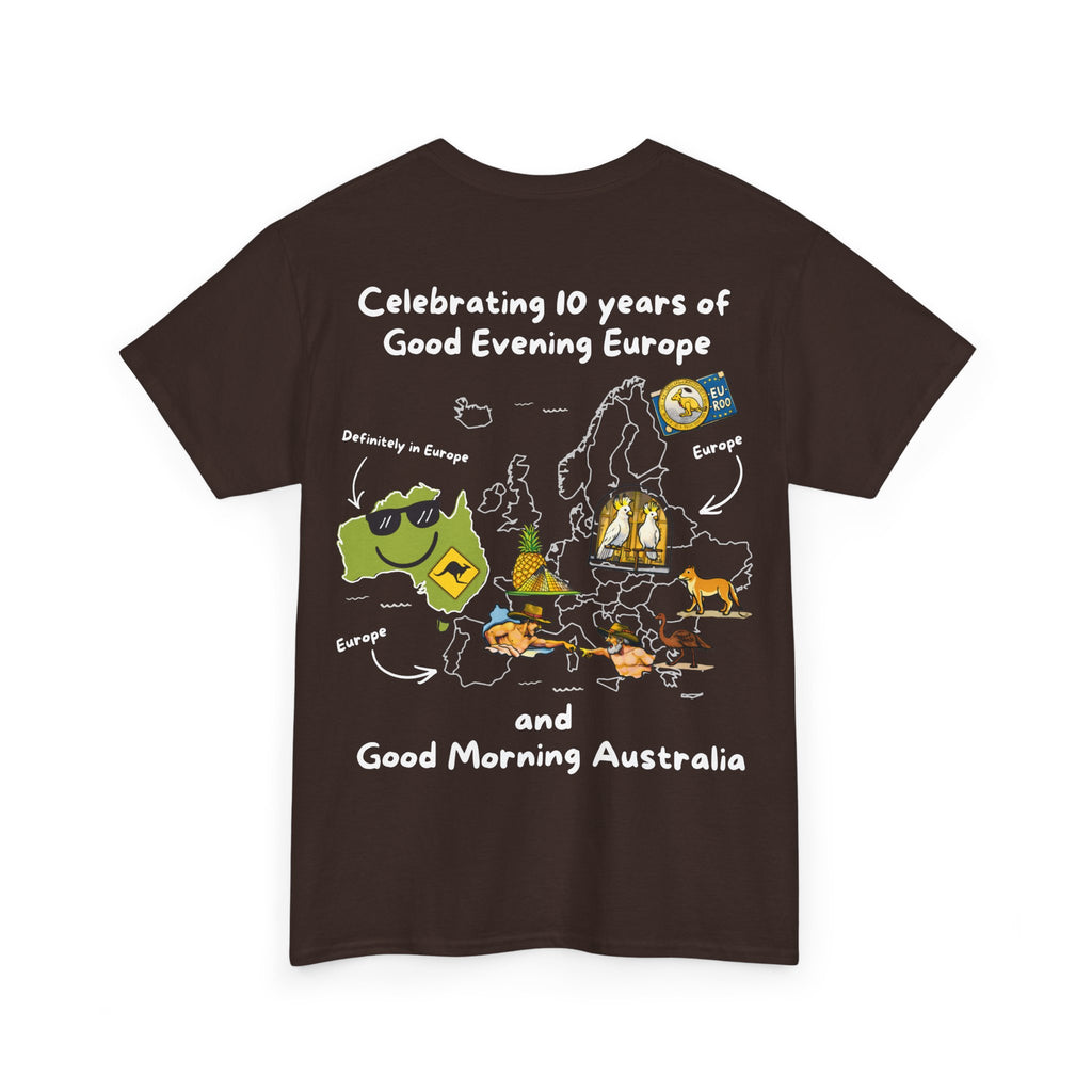 T-Shirt | 10 Year Anniversary - Front & Back Print - White Logos - Good Evening Europe Good Morning Australia