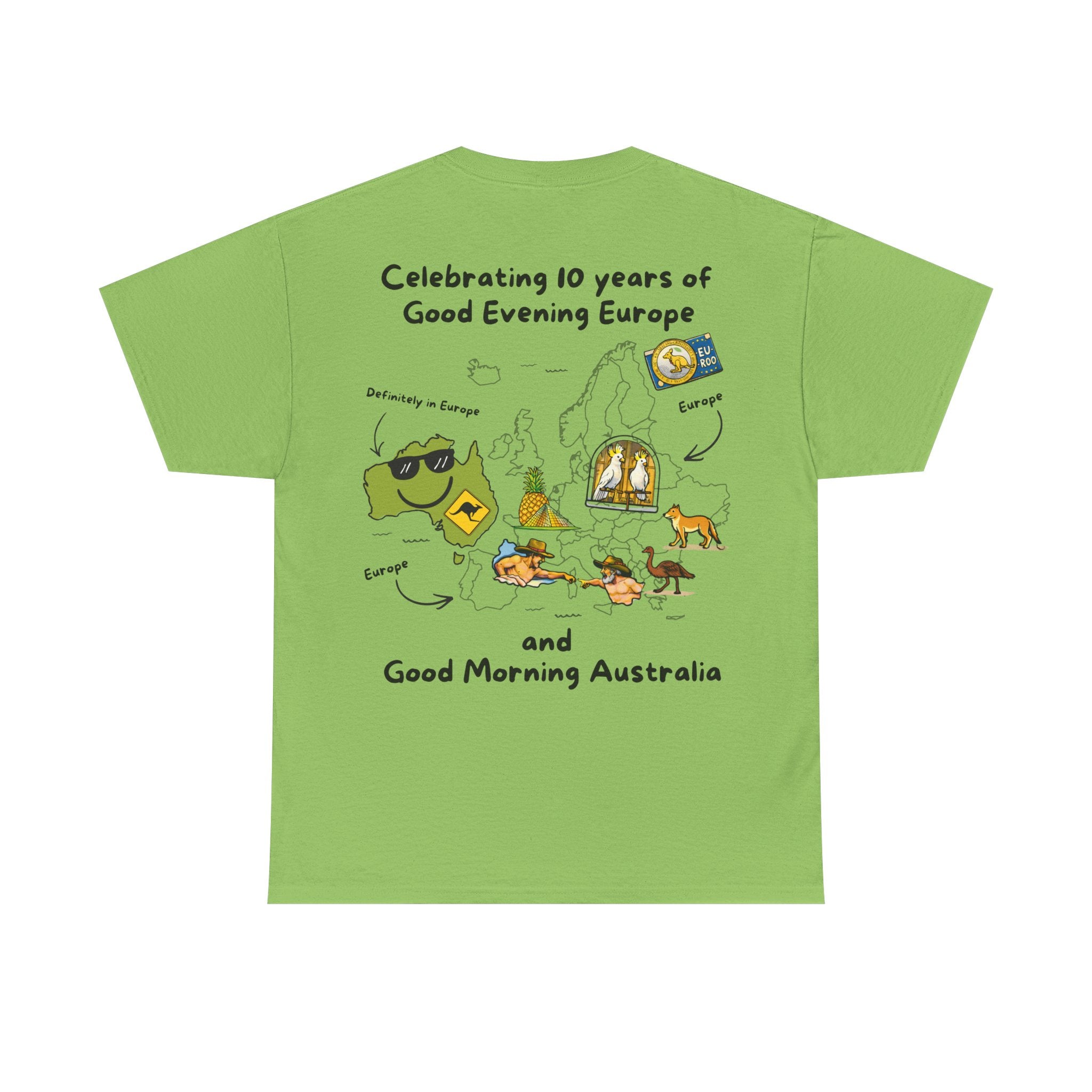 T-Shirt | 10 Year Anniversary - Front & Back Print - Black Logos - Good Evening Europe Good Morning Australia