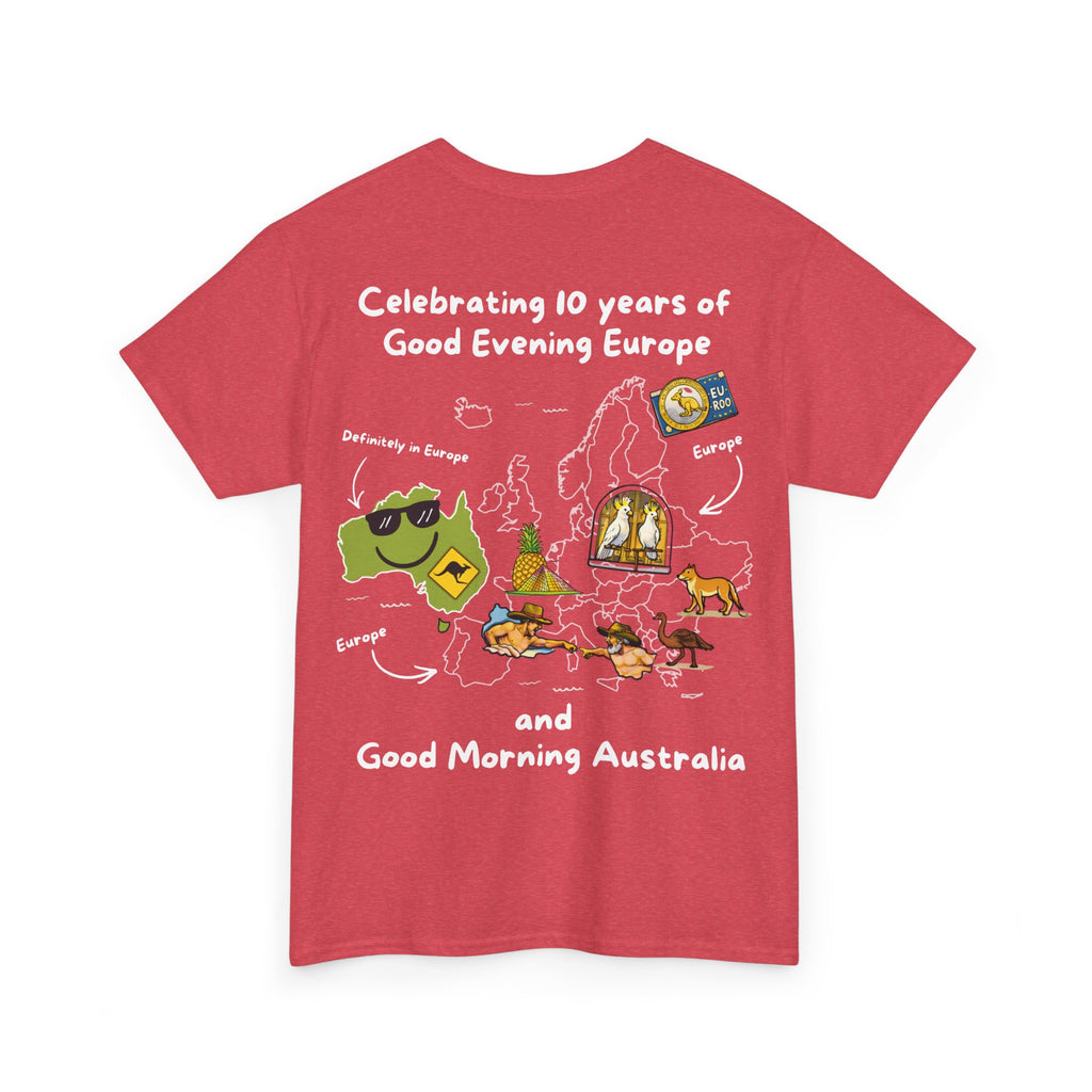 T-Shirt | 10 Year Anniversary - Front & Back Print - White Logos - Good Evening Europe Good Morning Australia