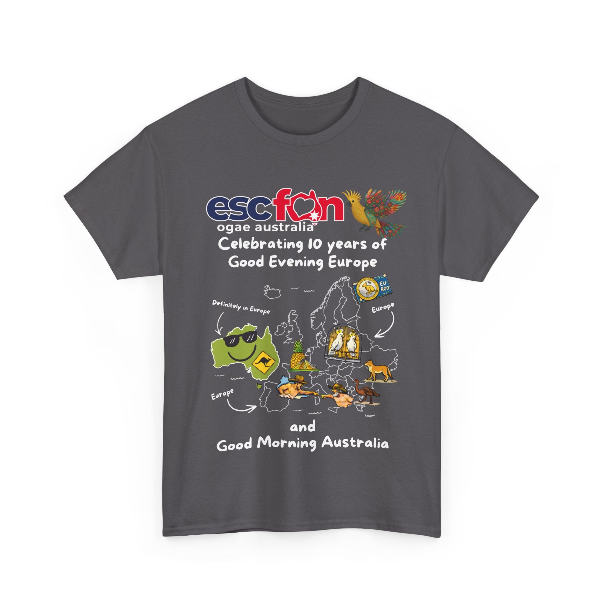 T-Shirt | 10 Year Anniversary - Front Print only - White Logos - Good Evening Europe Good Morning Australia
