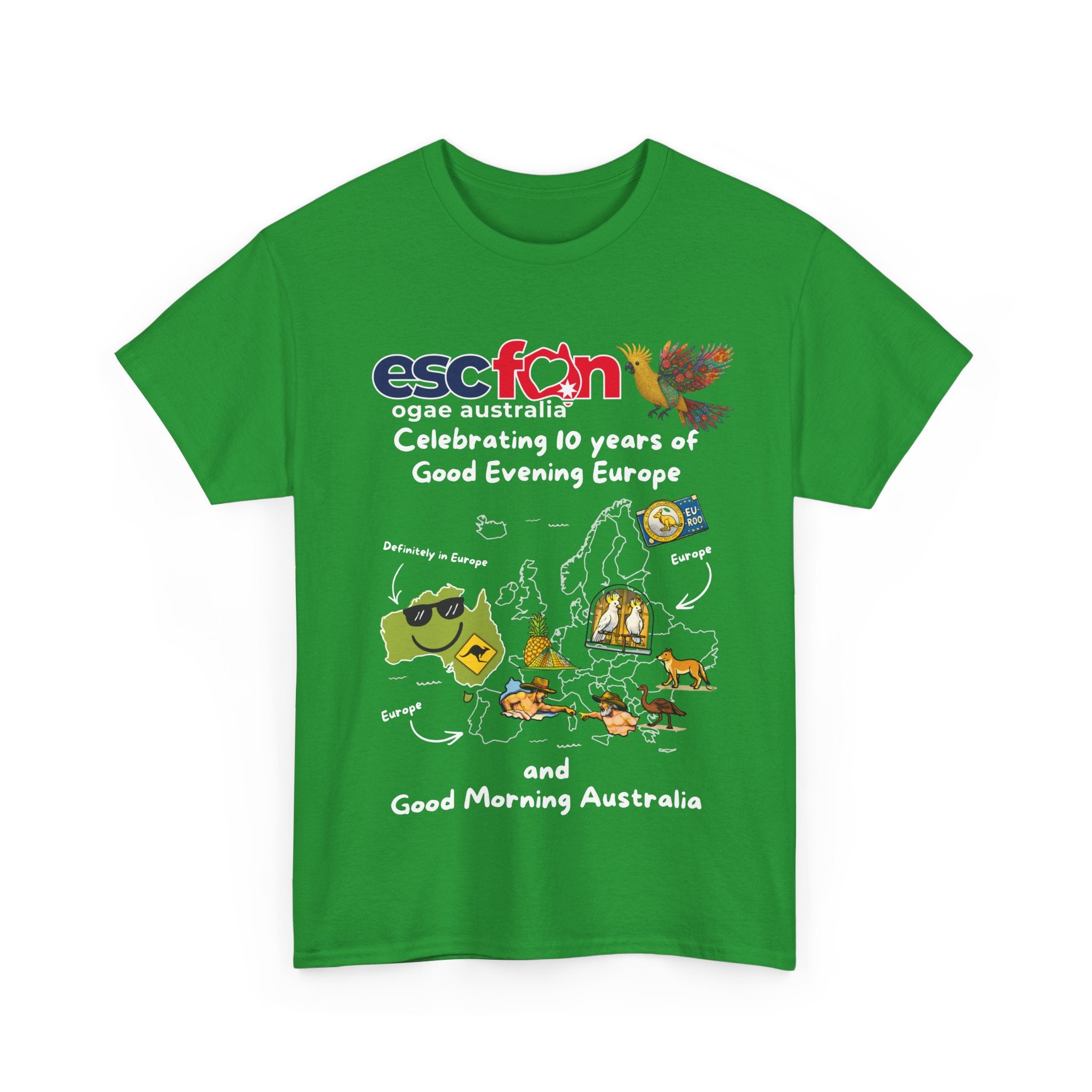 T-Shirt | 10 Year Anniversary - Front Print only - White Logos - Good Evening Europe Good Morning Australia