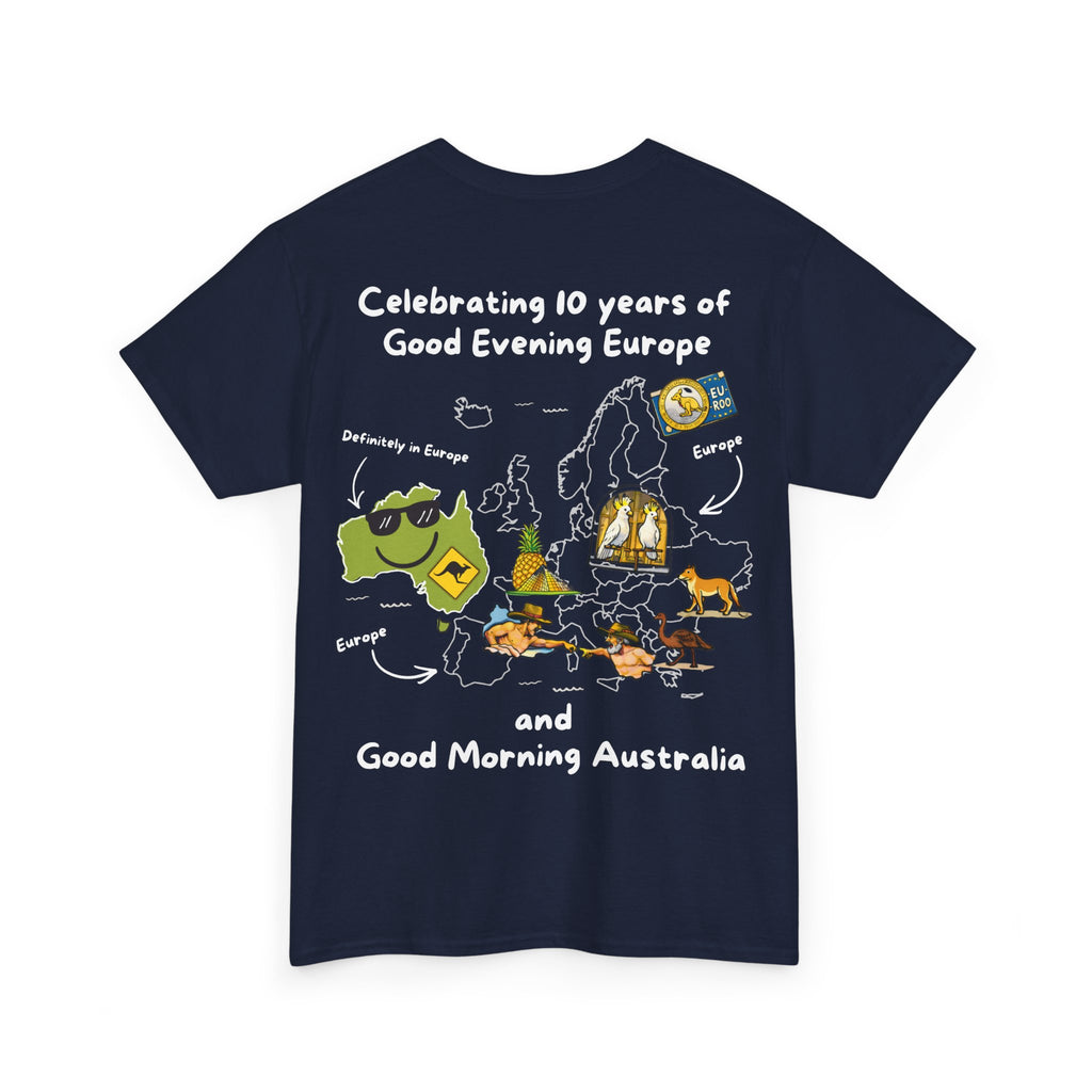 T-Shirt | 10 Year Anniversary - Front & Back Print - White Logos - Good Evening Europe Good Morning Australia