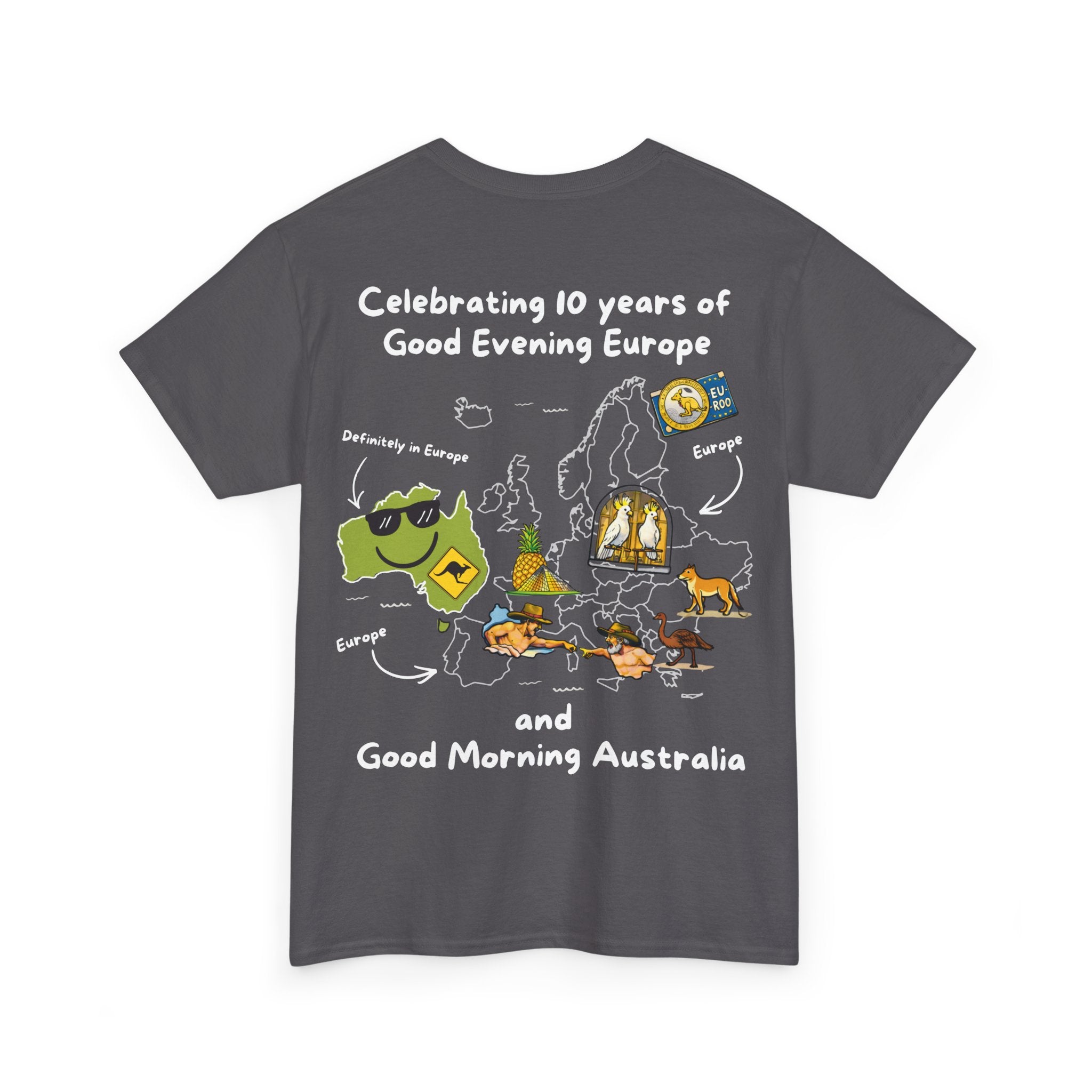 T-Shirt | 10 Year Anniversary - Front & Back Print - White Logos - Good Evening Europe Good Morning Australia