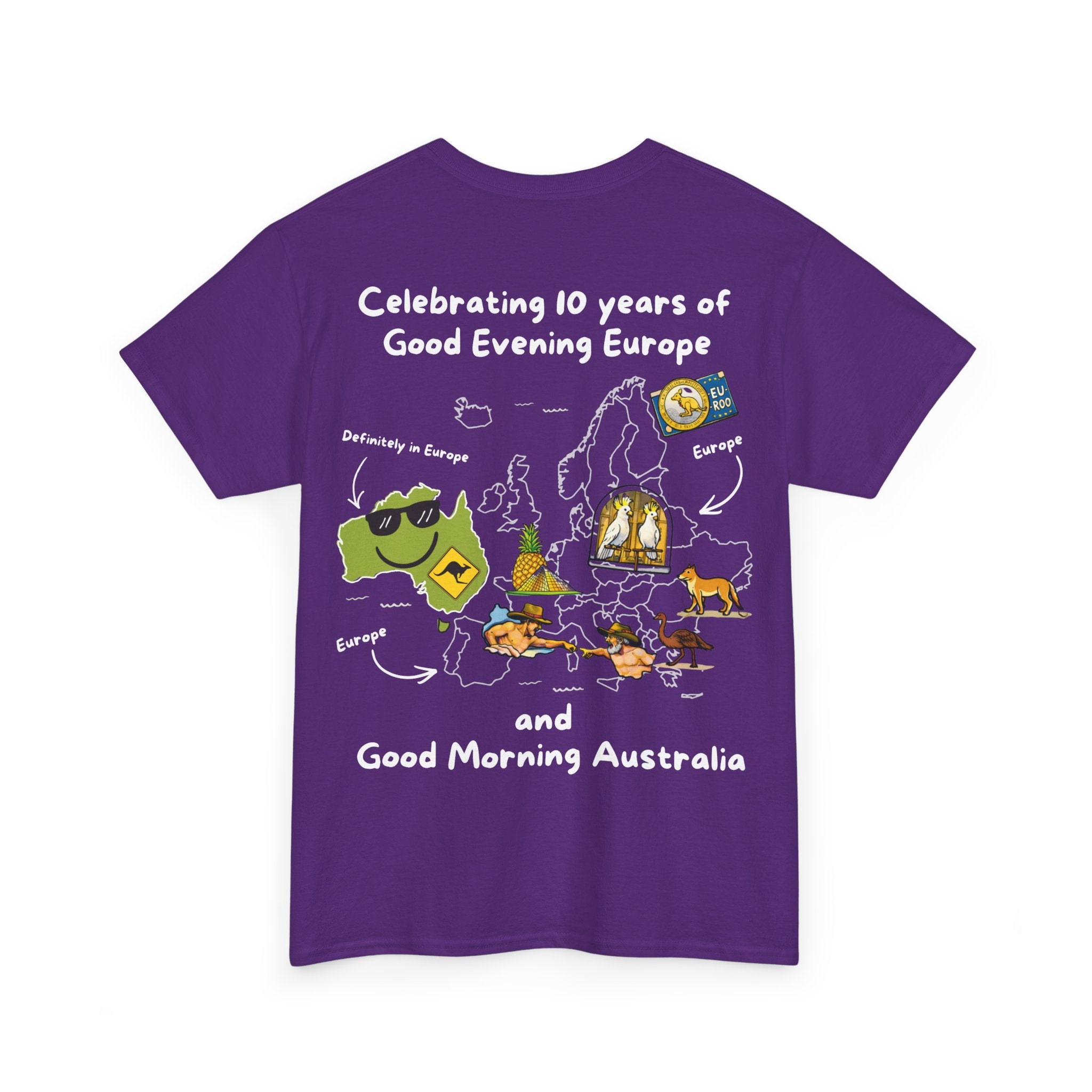 T-Shirt | 10 Year Anniversary - Front & Back Print - White Logos - Good Evening Europe Good Morning Australia