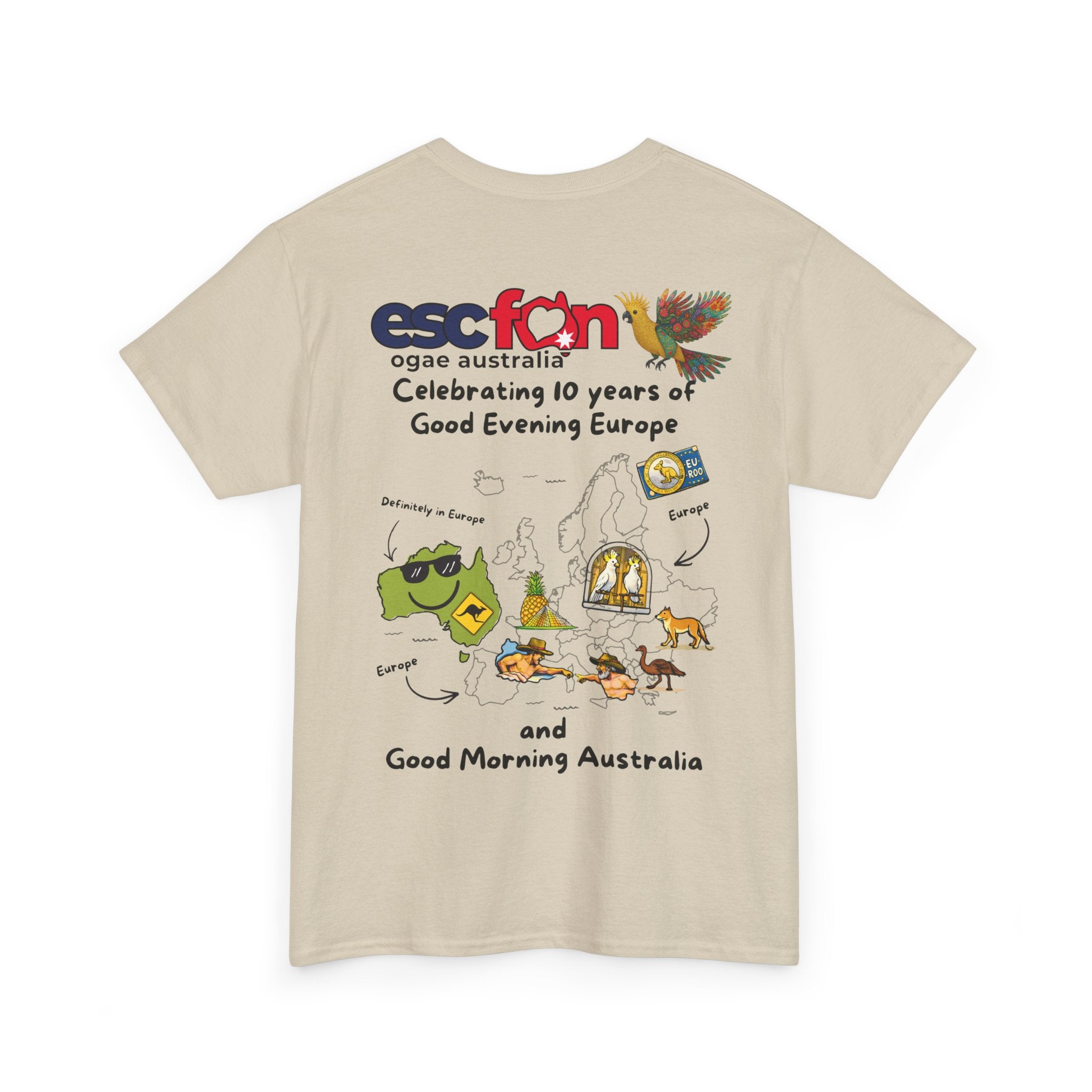 T-Shirt | 10 Year Anniversary - Back Print only - Black Logos | Good Evening Europe Good Morning Australia