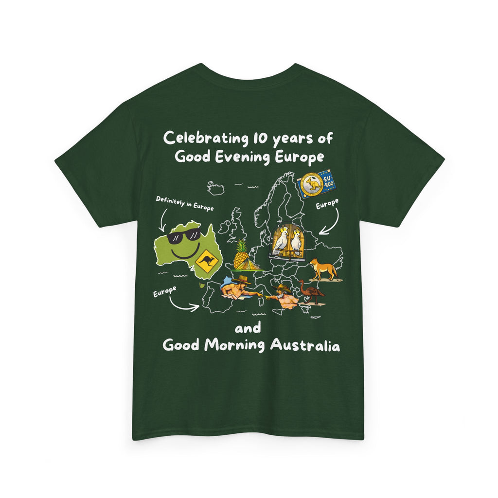 T-Shirt | 10 Year Anniversary - Front & Back Print - White Logos - Good Evening Europe Good Morning Australia