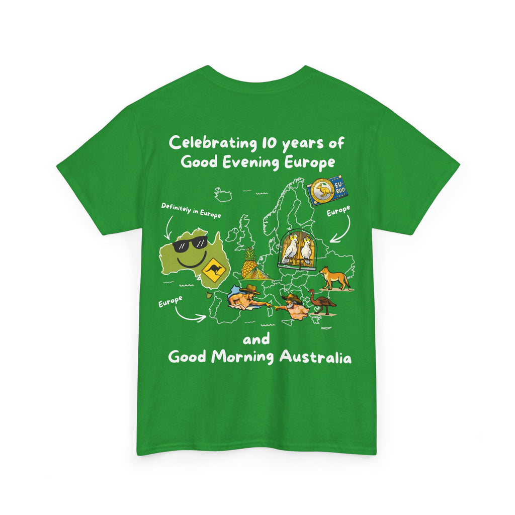 T-Shirt | 10 Year Anniversary - Front & Back Print - White Logos - Good Evening Europe Good Morning Australia