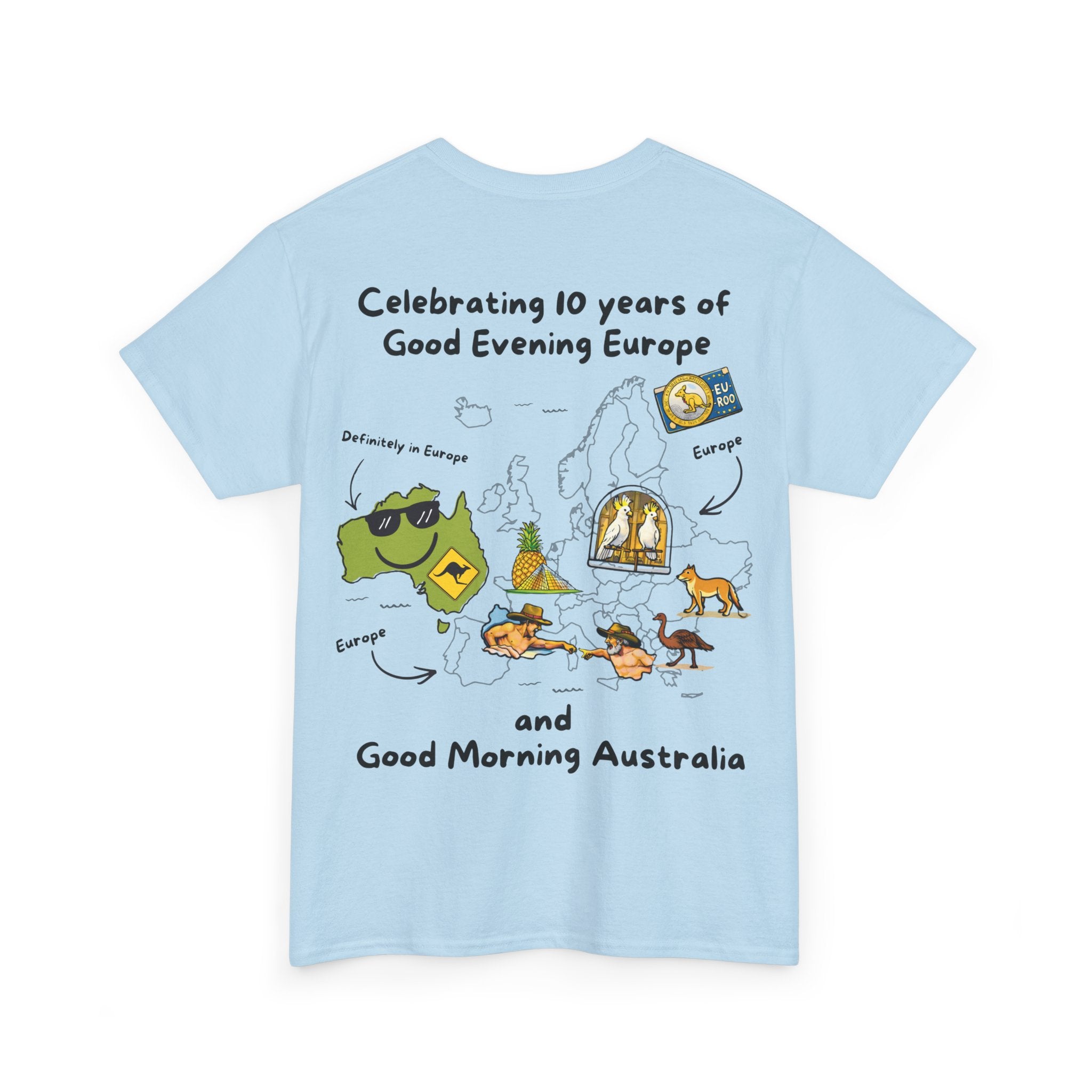 T-Shirt | 10 Year Anniversary - Front & Back Print - Black Logos - Good Evening Europe Good Morning Australia