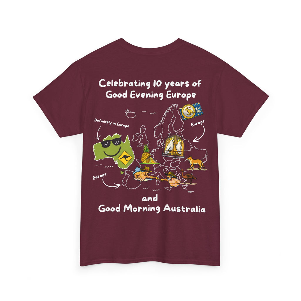 T-Shirt | 10 Year Anniversary - Front & Back Print - White Logos - Good Evening Europe Good Morning Australia