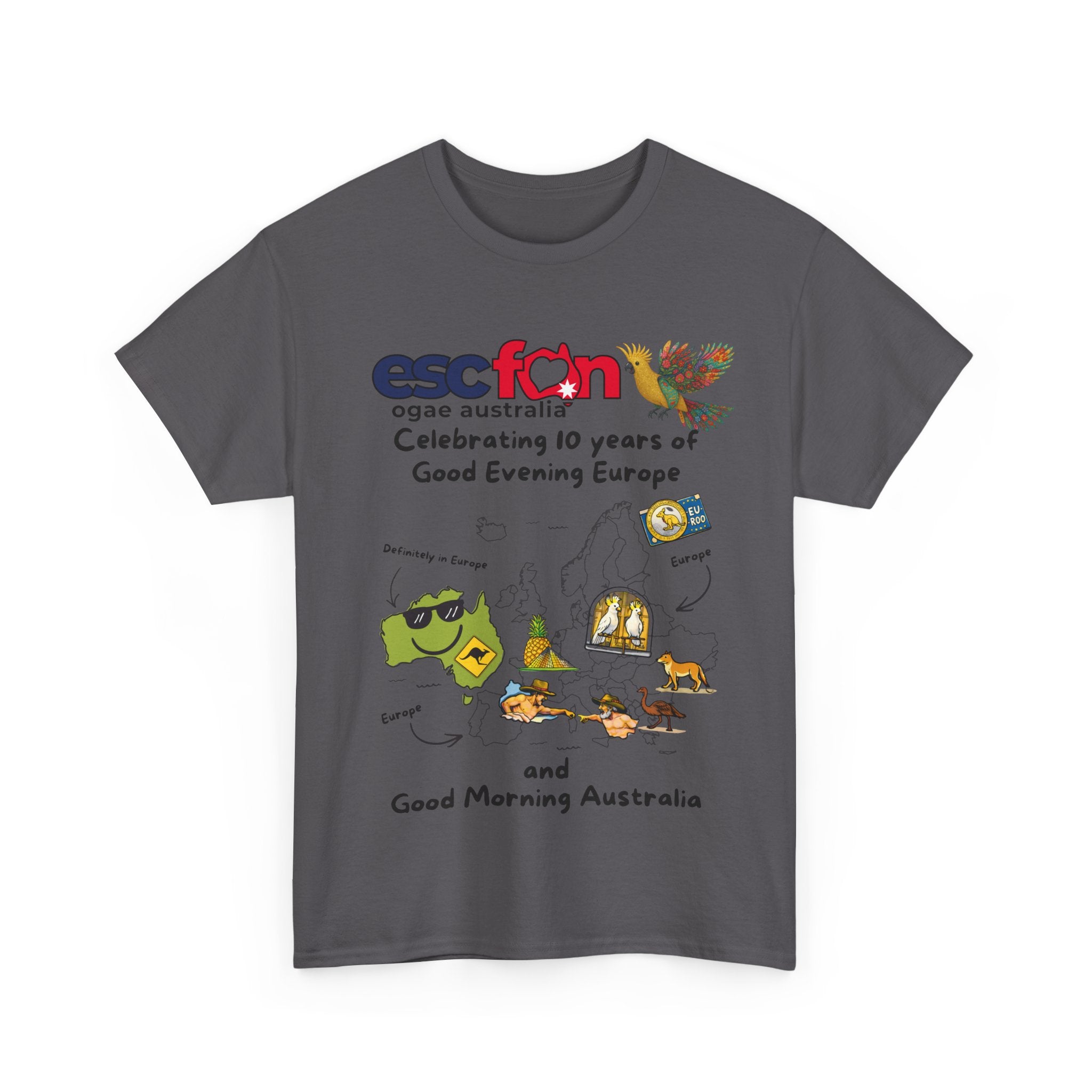 T-Shirt | 10 Year Anniversary - Front Print only - Black Logos | Good Evening Europe Good Morning Australia