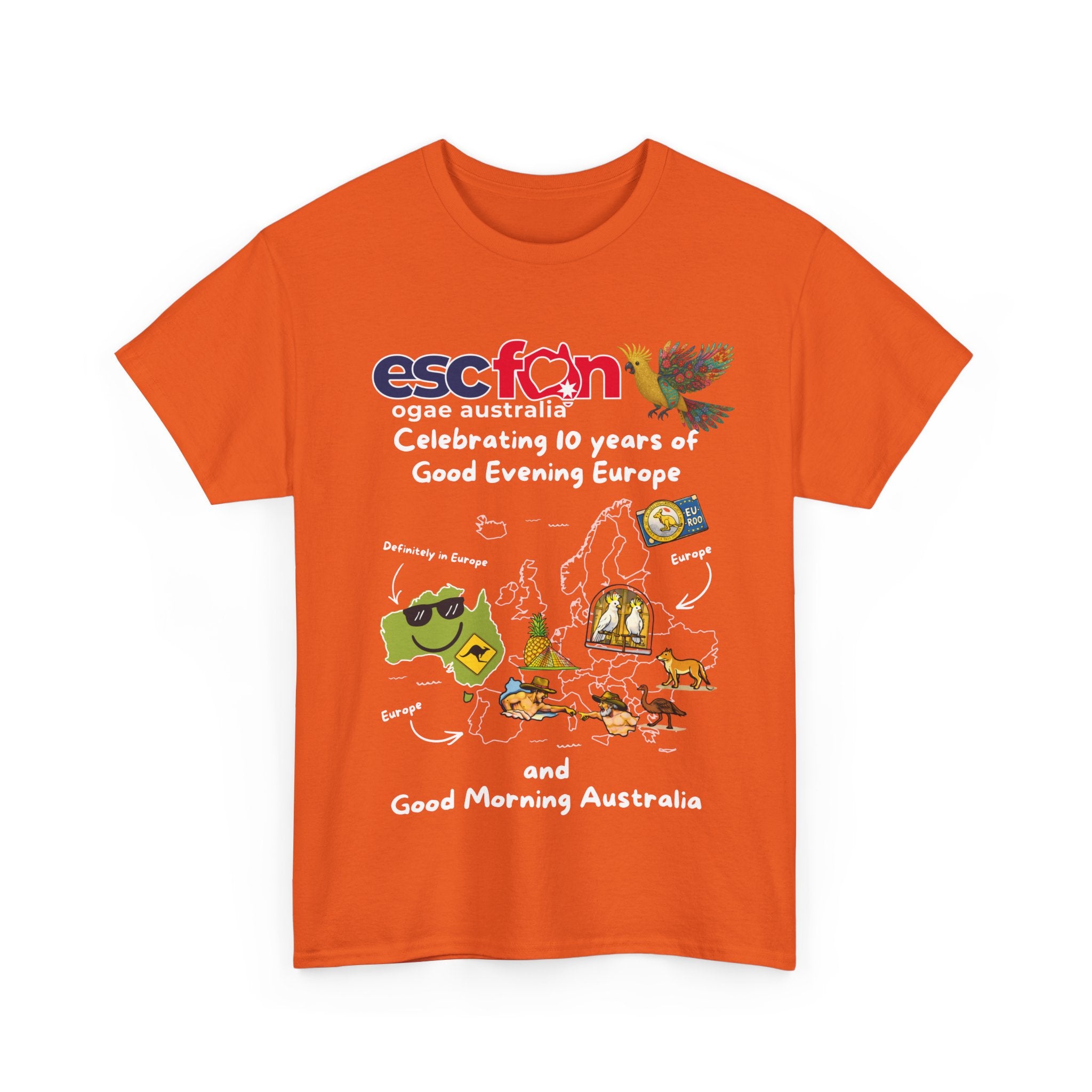 T-Shirt | 10 Year Anniversary - Front Print only - White Logos - Good Evening Europe Good Morning Australia