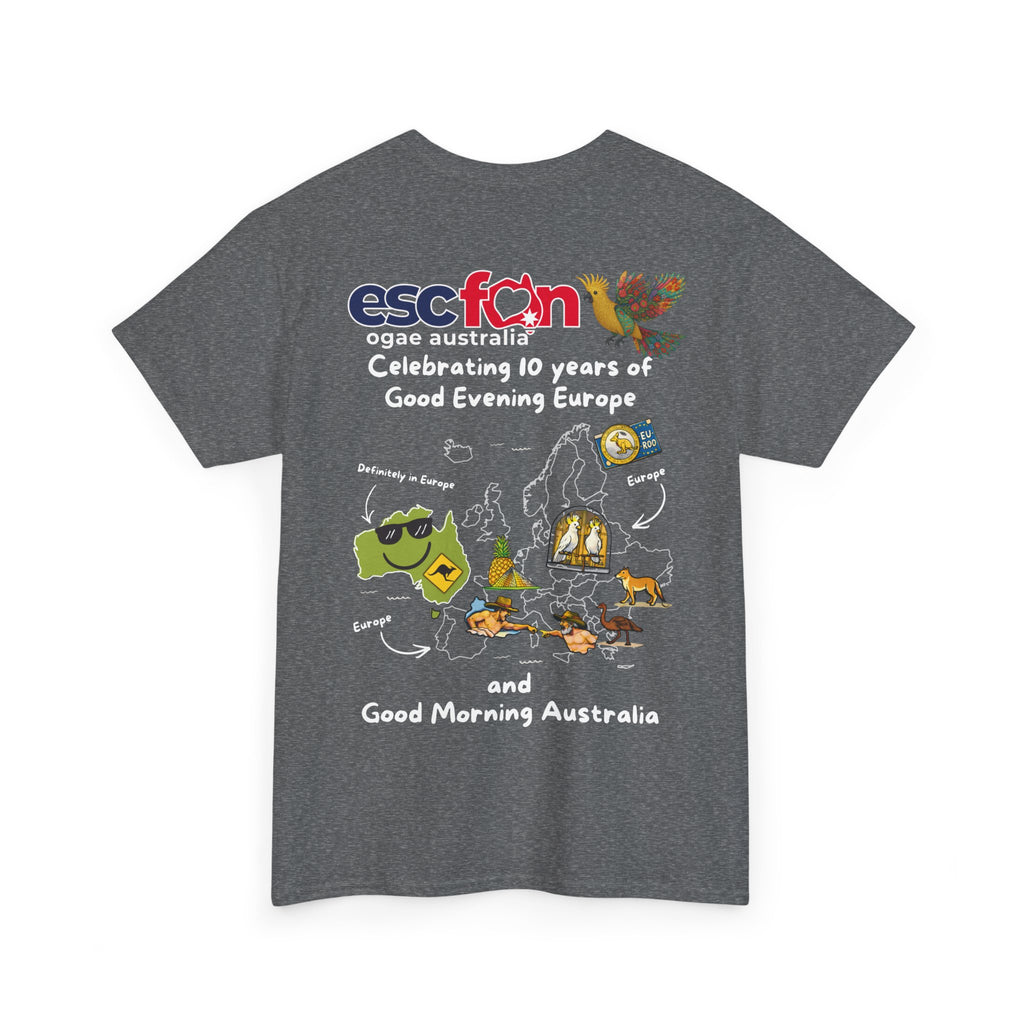 T-Shirt | 10 Year Anniversary - Back Print only - White Logos - Good Evening Europe Good Morning Australia