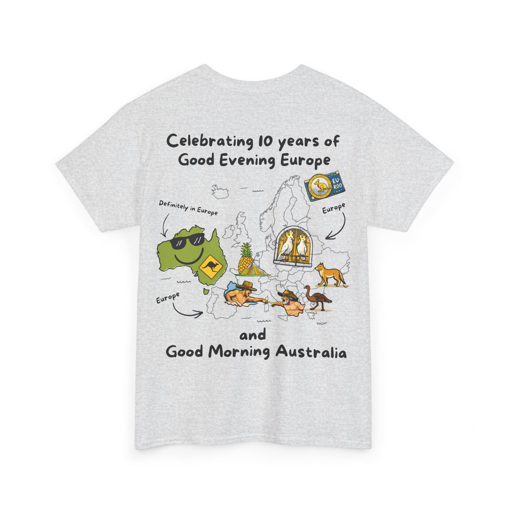 T-Shirt | 10 Year Anniversary - Front & Back Print - Black Logos - Good Evening Europe Good Morning Australia