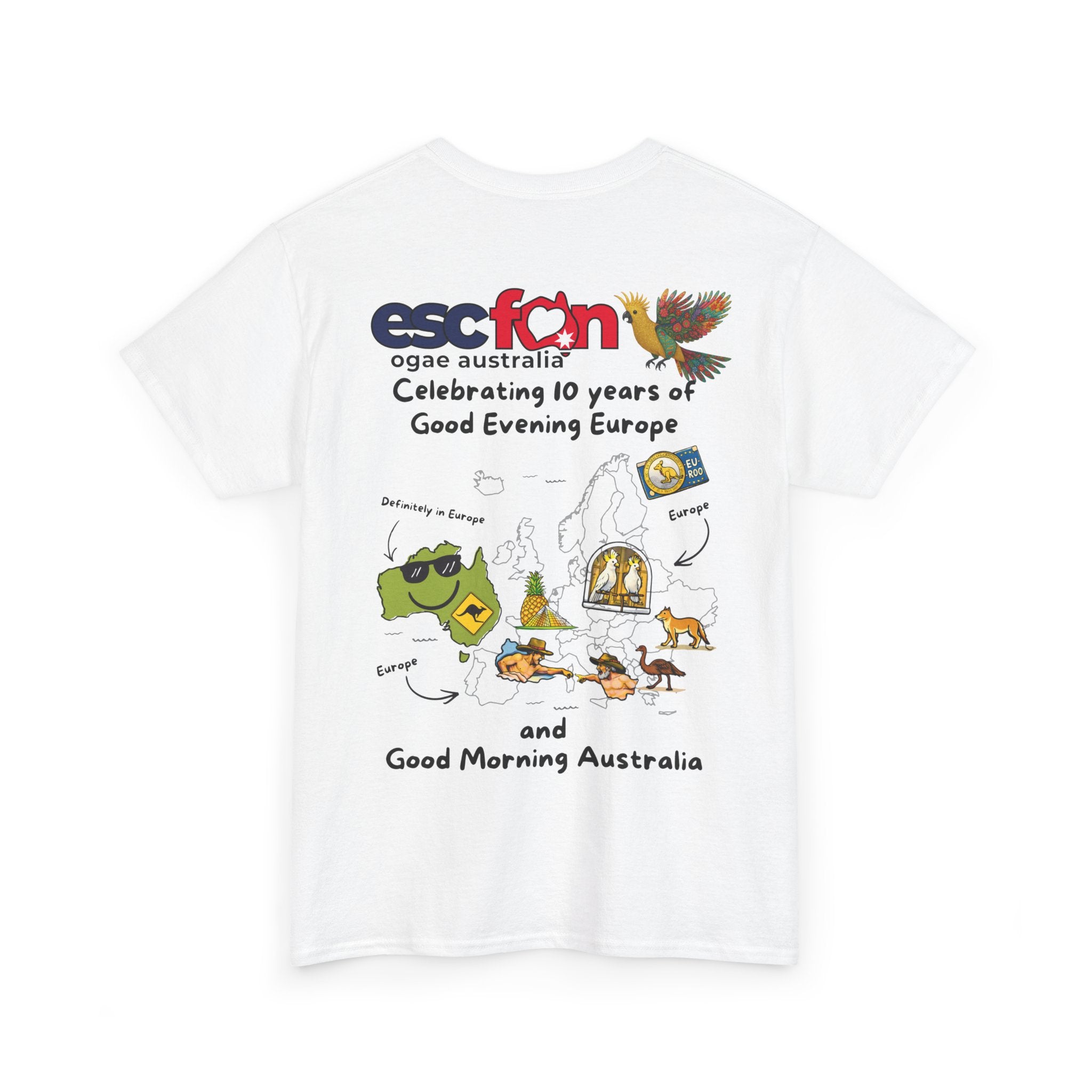 T-Shirt | 10 Year Anniversary - Back Print only - Black Logos | Good Evening Europe Good Morning Australia