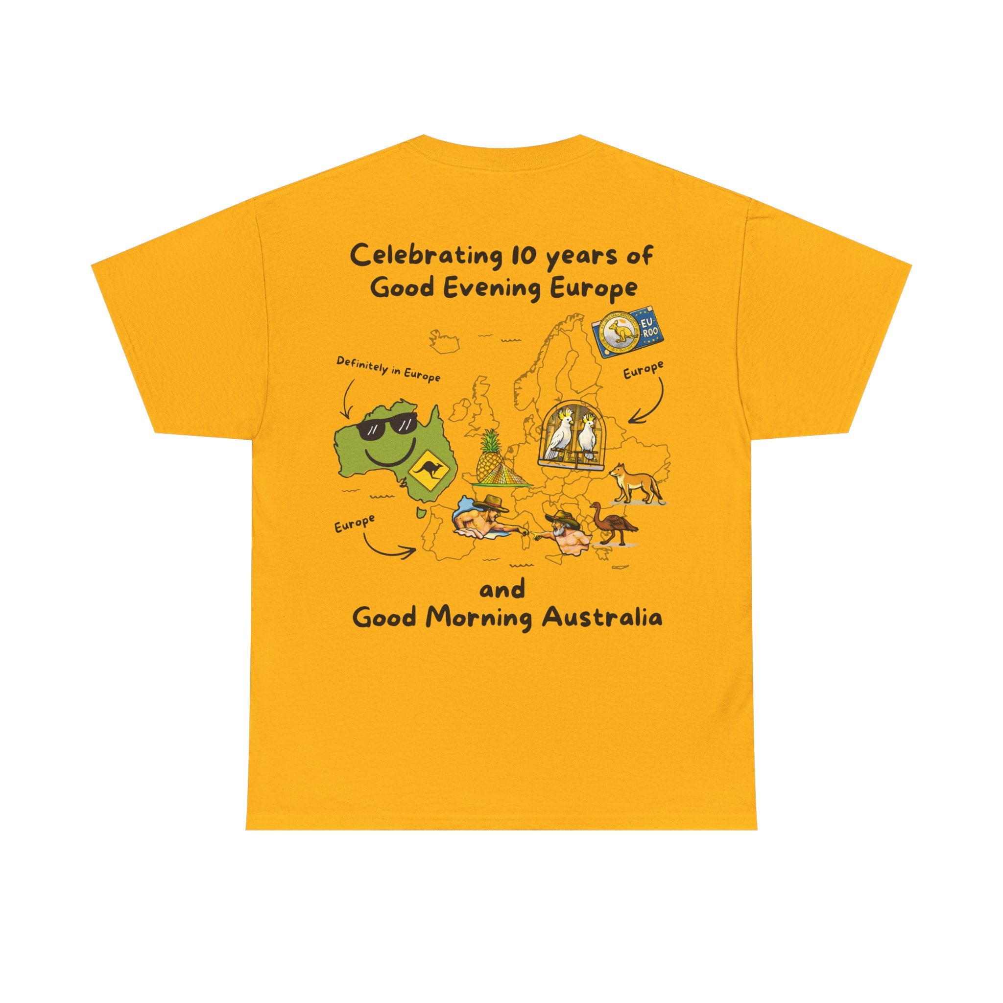 T-Shirt | 10 Year Anniversary - Front & Back Print - Black Logos - Good Evening Europe Good Morning Australia