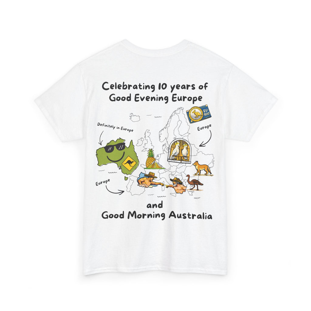 T-Shirt | 10 Year Anniversary - Front & Back Print - Black Logos - Good Evening Europe Good Morning Australia