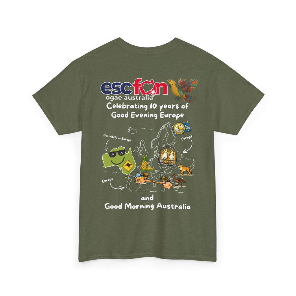 T-Shirt | 10 Year Anniversary - Back Print only - White Logos - Good Evening Europe Good Morning Australia