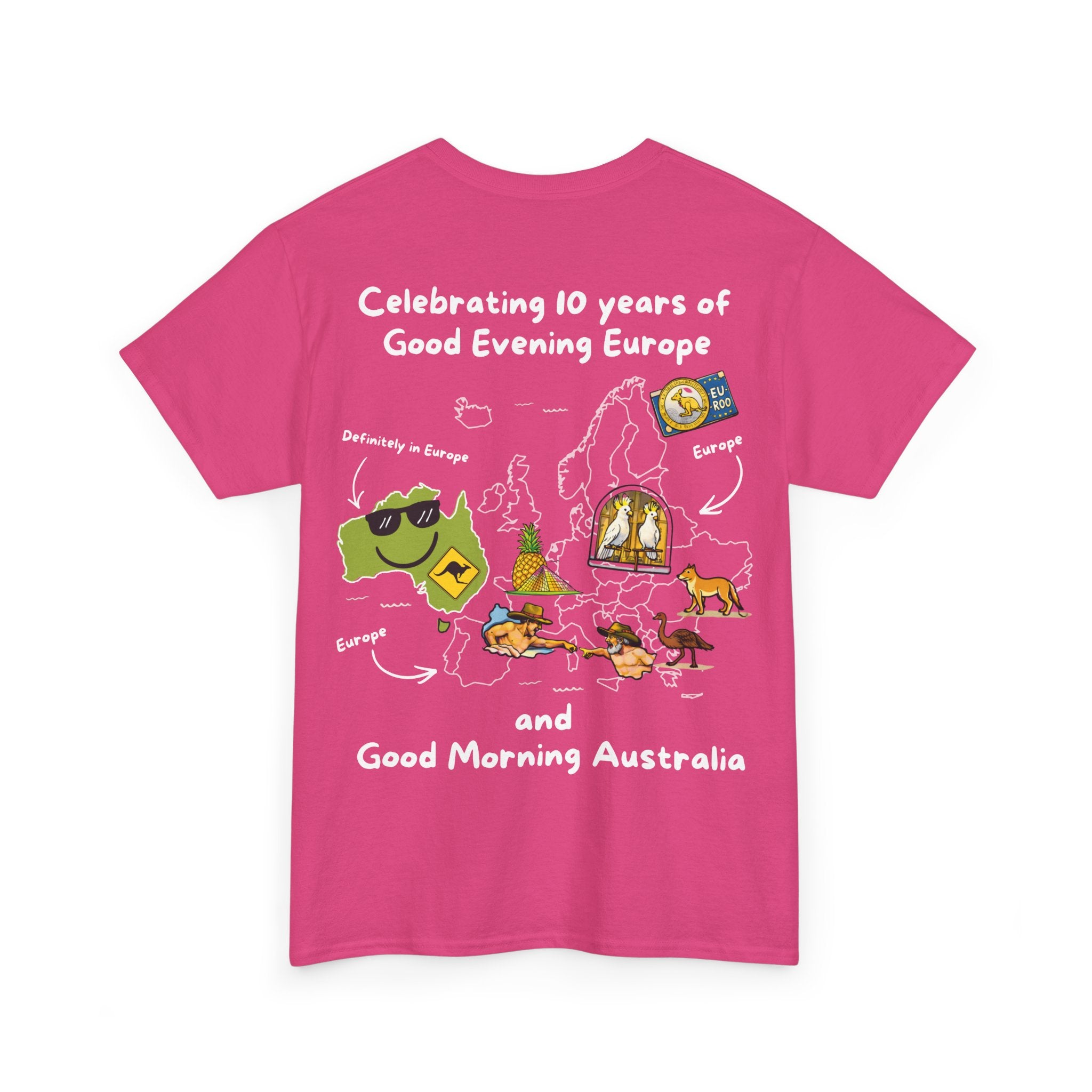 T-Shirt | 10 Year Anniversary - Front & Back Print - White Logos - Good Evening Europe Good Morning Australia