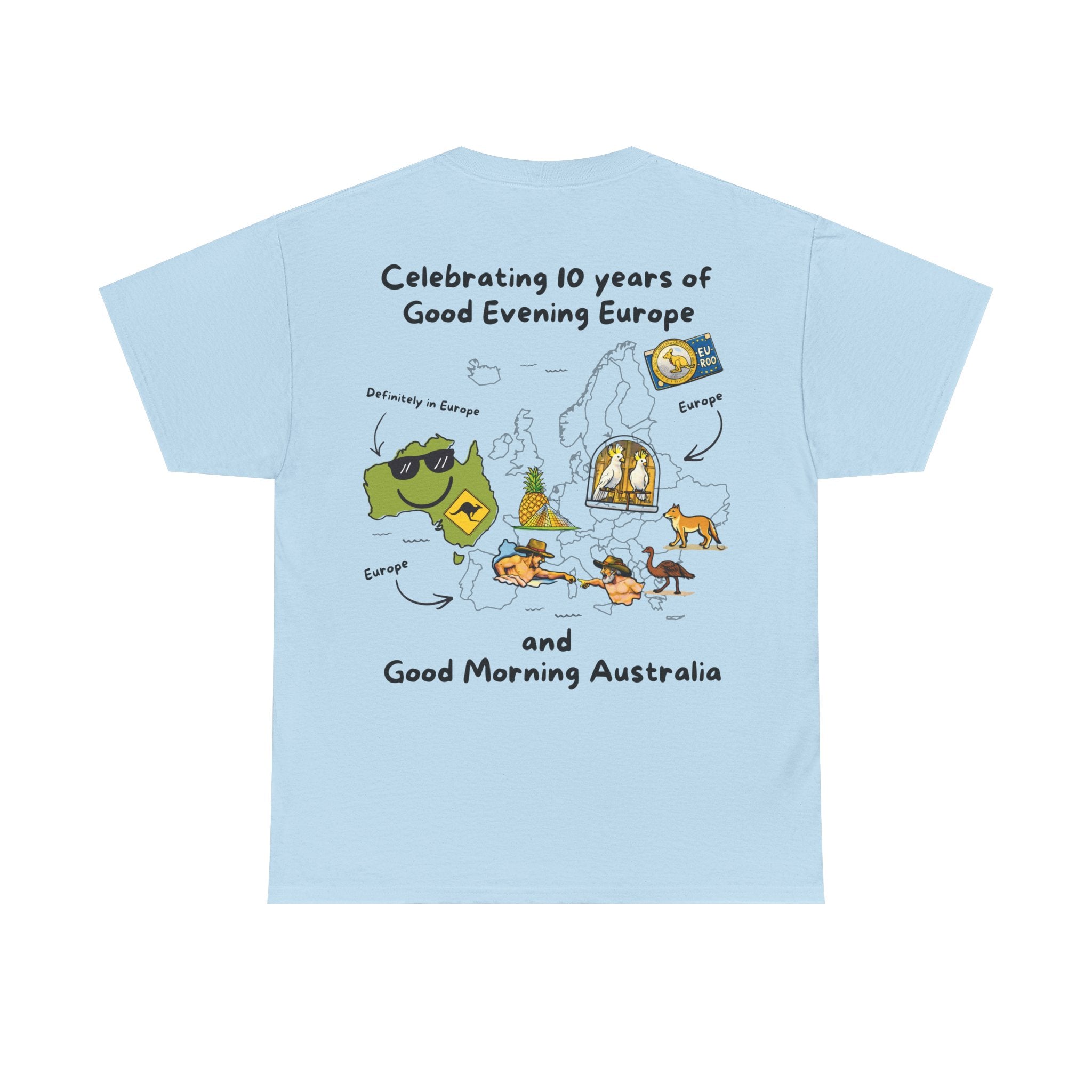 T-Shirt | 10 Year Anniversary - Front & Back Print - Black Logos - Good Evening Europe Good Morning Australia