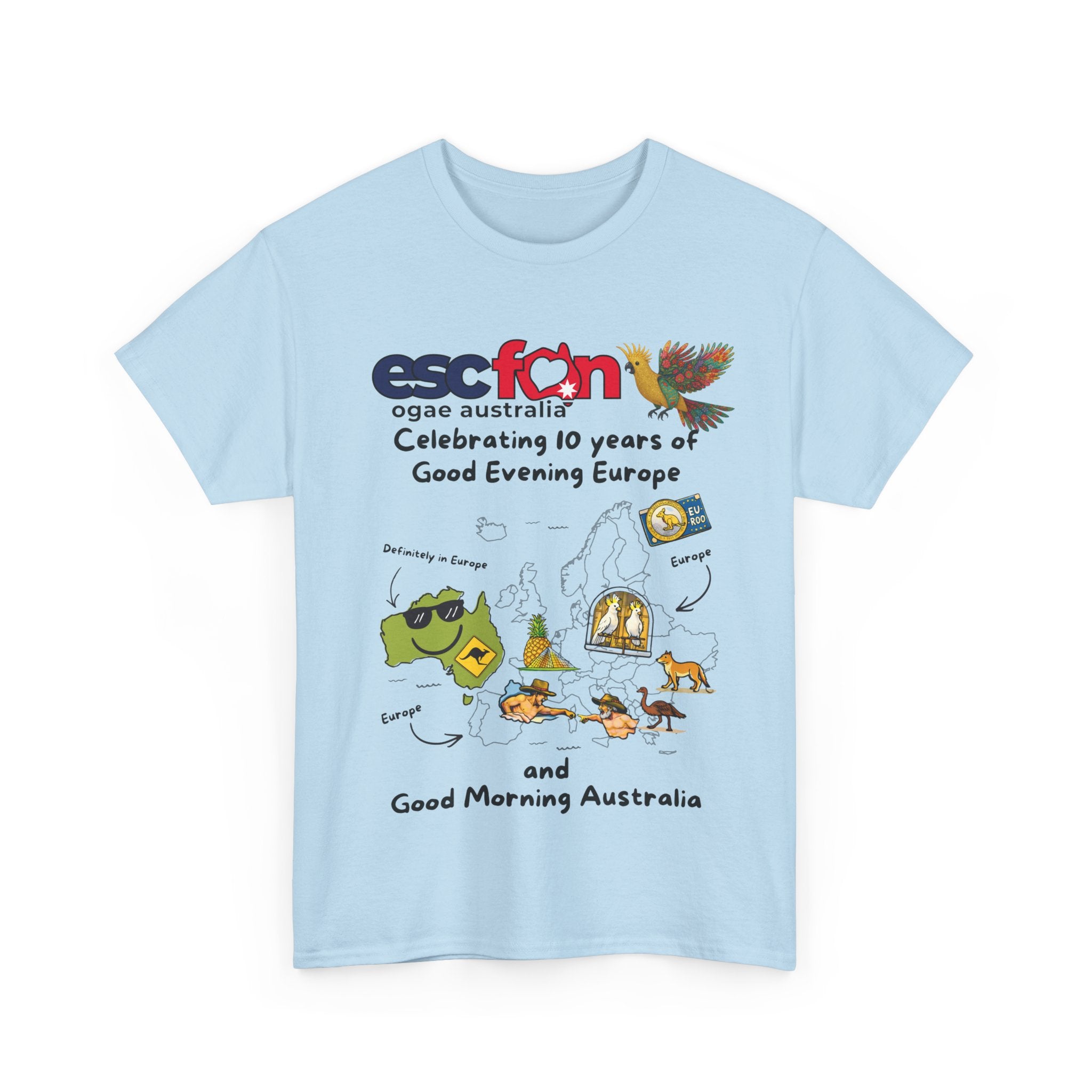 T-Shirt | 10 Year Anniversary - Front Print only - Black Logos | Good Evening Europe Good Morning Australia