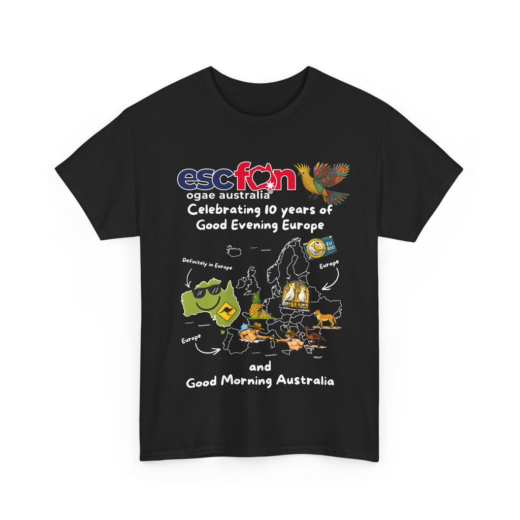 T-Shirt | 10 Year Anniversary - Front Print only - White Logos - Good Evening Europe Good Morning Australia