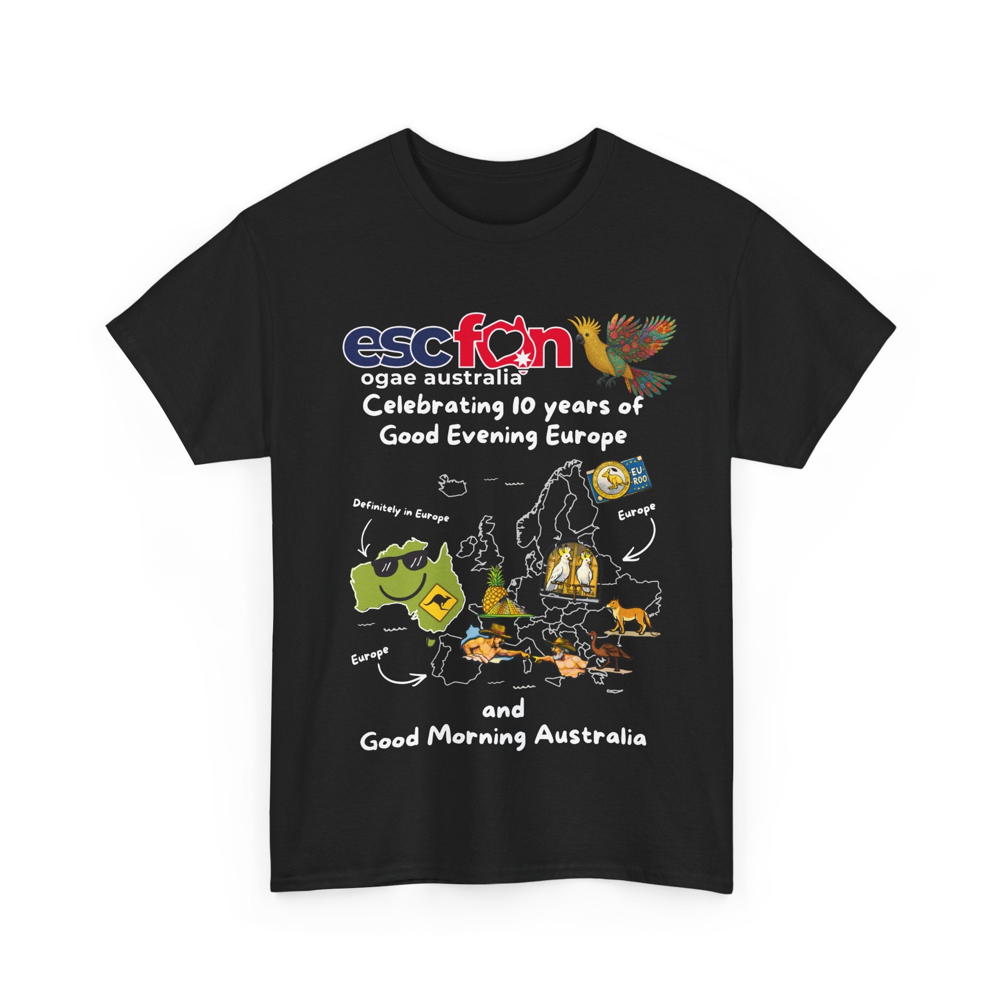 T-Shirt | 10 Year Anniversary - Front Print only - White Logos - Good Evening Europe Good Morning Australia