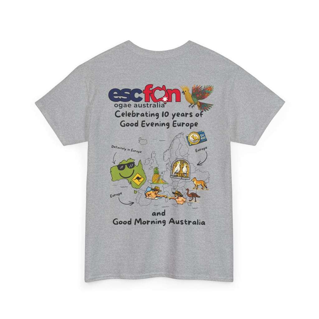 T-Shirt | 10 Year Anniversary - Back Print only - Black Logos | Good Evening Europe Good Morning Australia