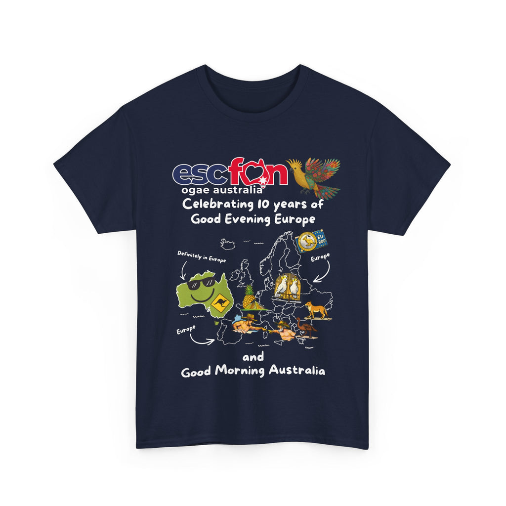 T-Shirt | 10 Year Anniversary - Front Print only - White Logos - Good Evening Europe Good Morning Australia