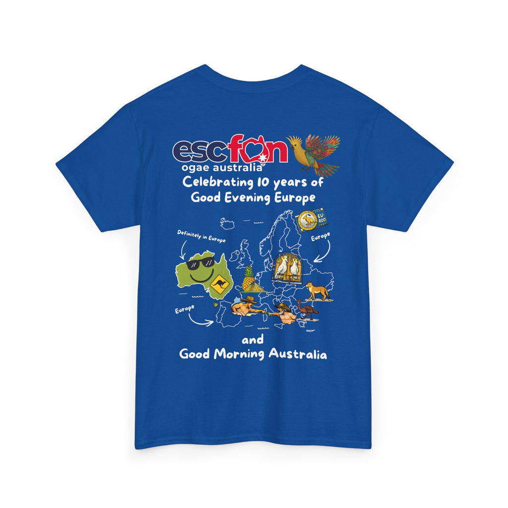 T-Shirt | 10 Year Anniversary - Back Print only - White Logos - Good Evening Europe Good Morning Australia