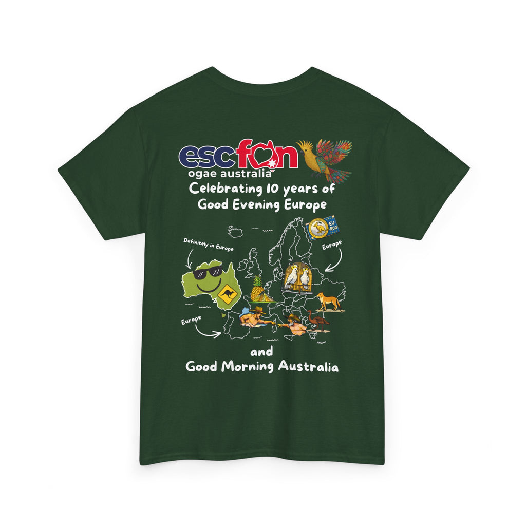 T-Shirt | 10 Year Anniversary - Back Print only - White Logos - Good Evening Europe Good Morning Australia