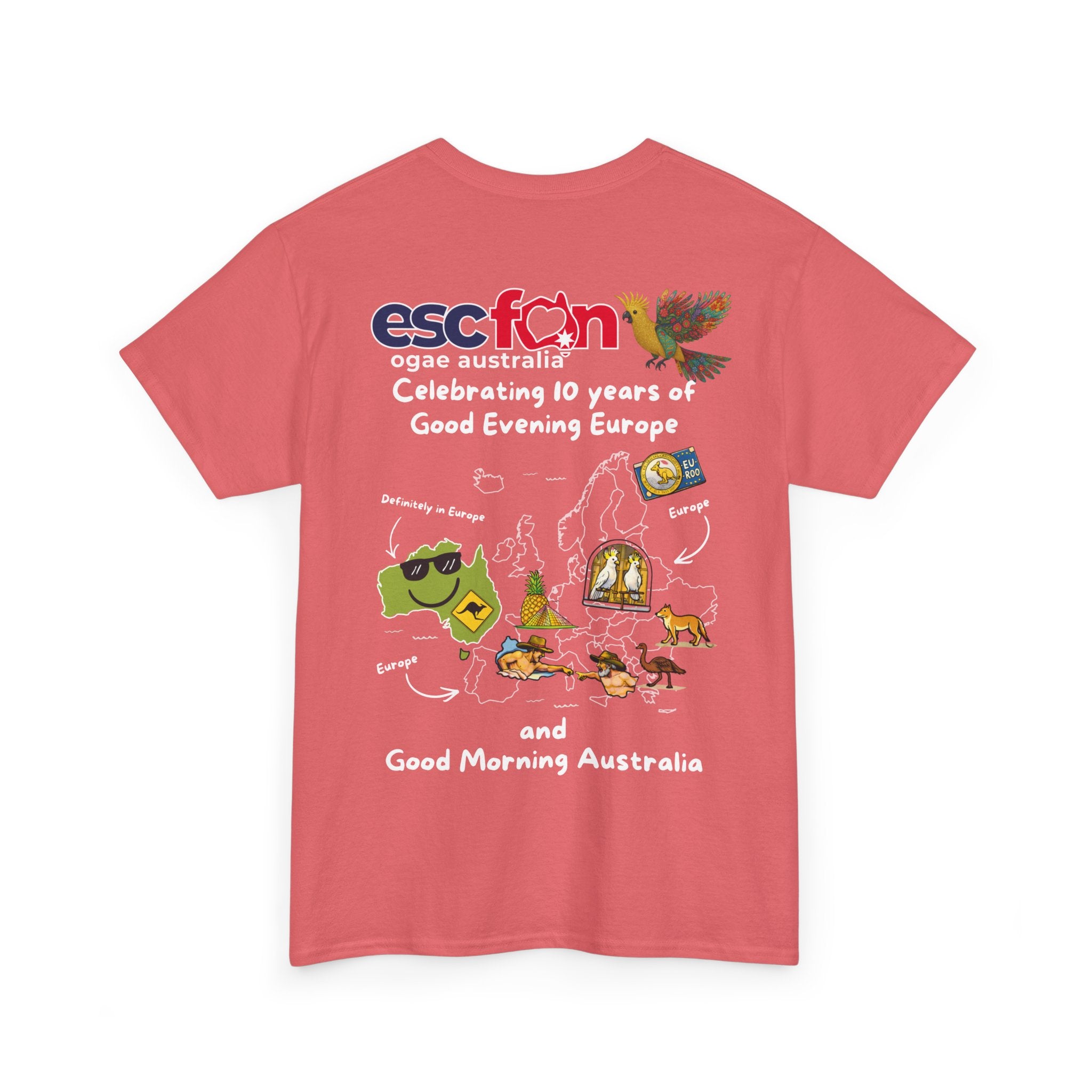 T-Shirt | 10 Year Anniversary - Back Print only - White Logos - Good Evening Europe Good Morning Australia