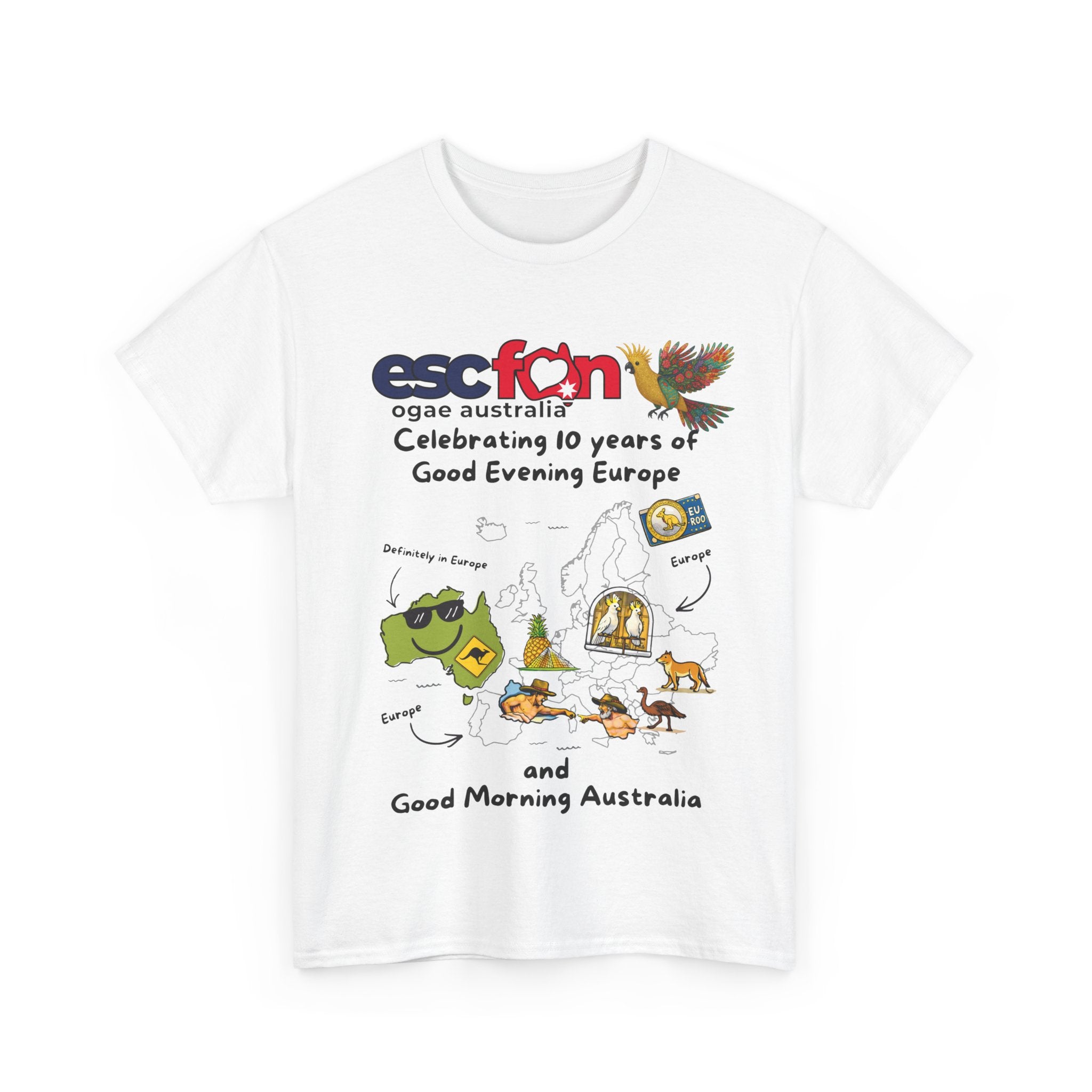 T-Shirt | 10 Year Anniversary - Front Print only - Black Logos | Good Evening Europe Good Morning Australia