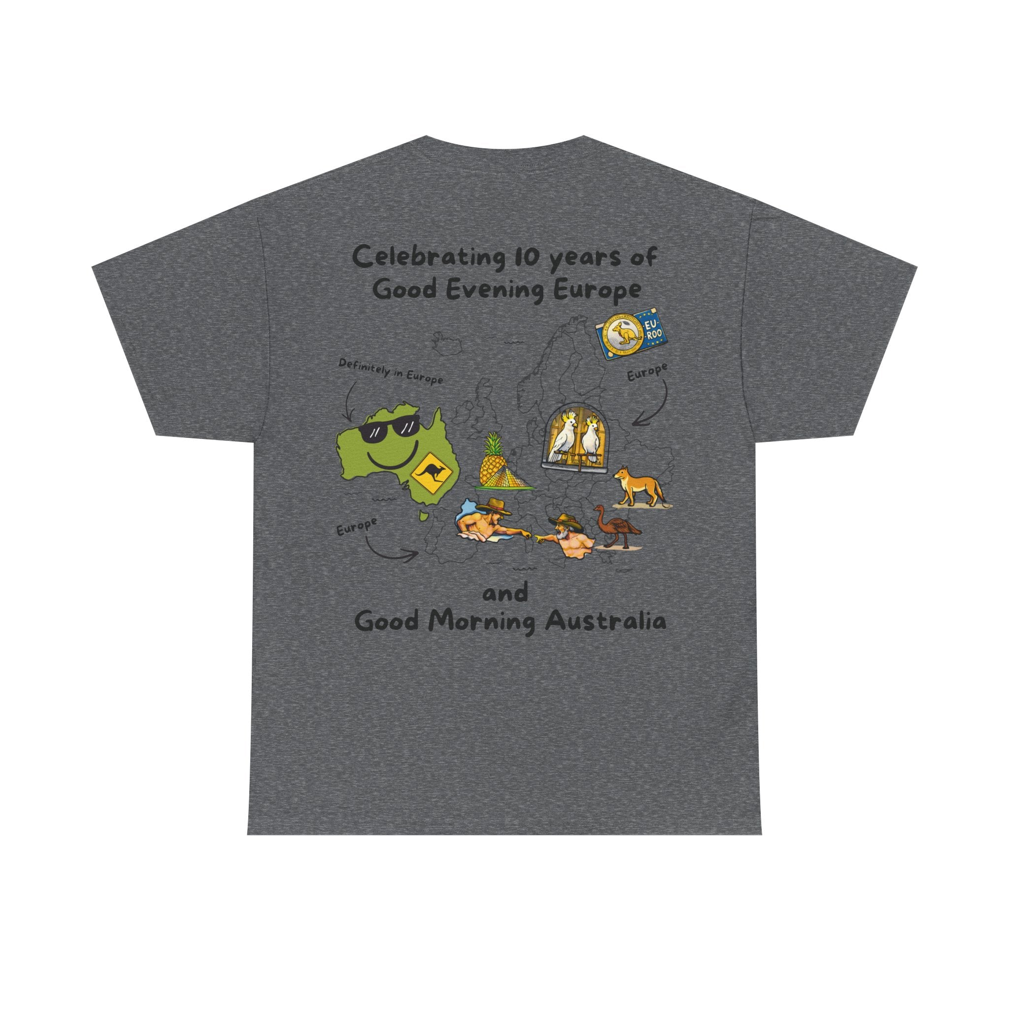 T-Shirt | 10 Year Anniversary - Front & Back Print - Black Logos - Good Evening Europe Good Morning Australia