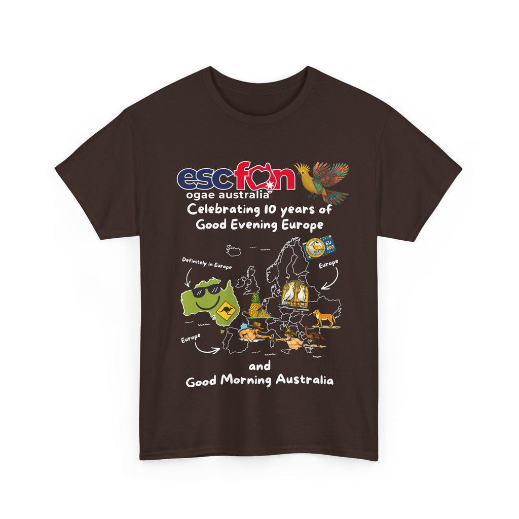 T-Shirt | 10 Year Anniversary - Front Print only - White Logos - Good Evening Europe Good Morning Australia