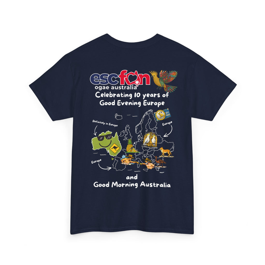 T-Shirt | 10 Year Anniversary - Back Print only - White Logos - Good Evening Europe Good Morning Australia