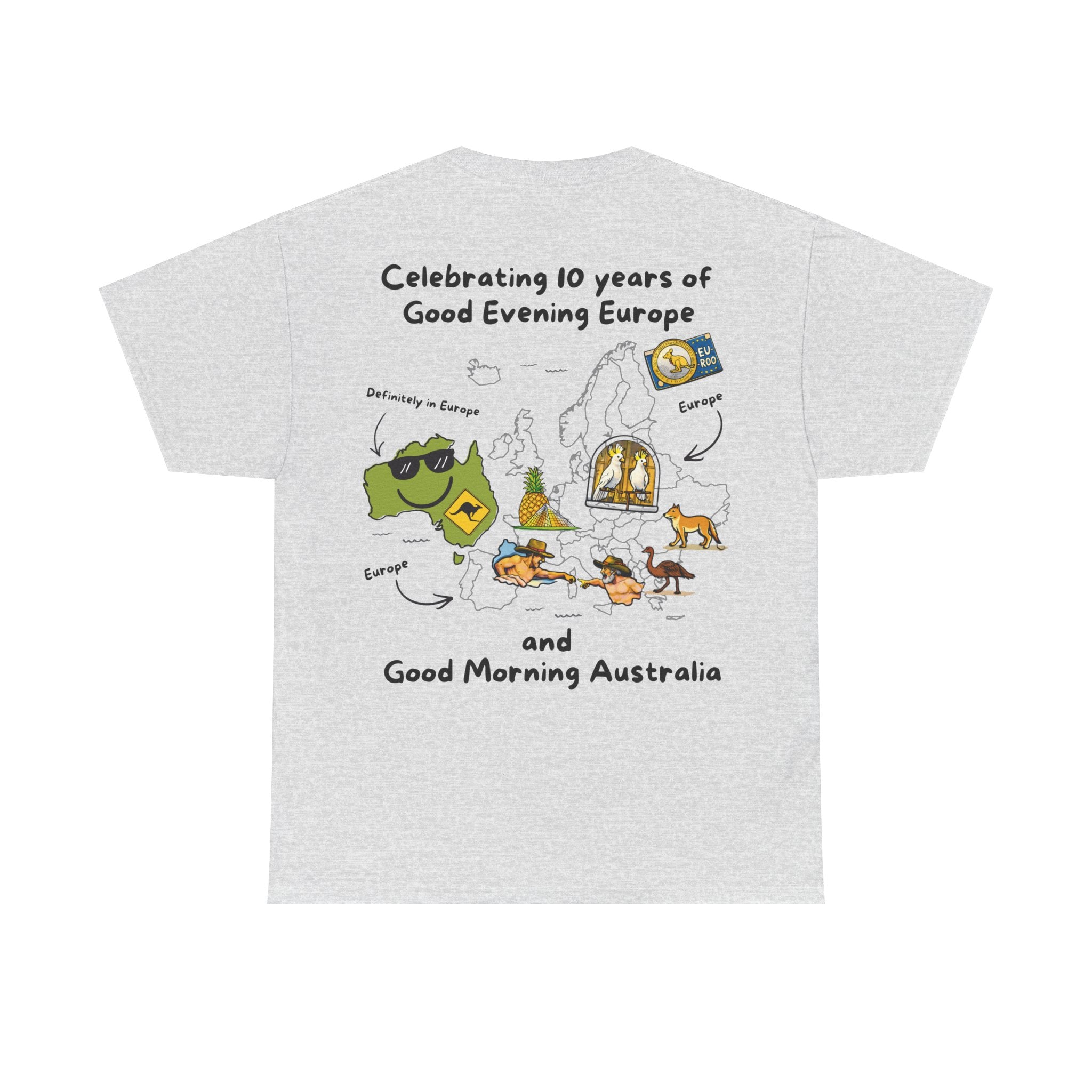 T-Shirt | 10 Year Anniversary - Front & Back Print - Black Logos - Good Evening Europe Good Morning Australia