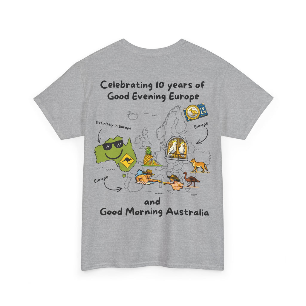 T-Shirt | 10 Year Anniversary - Front & Back Print - Black Logos - Good Evening Europe Good Morning Australia