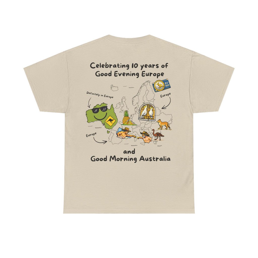 T-Shirt | 10 Year Anniversary - Front & Back Print - Black Logos - Good Evening Europe Good Morning Australia