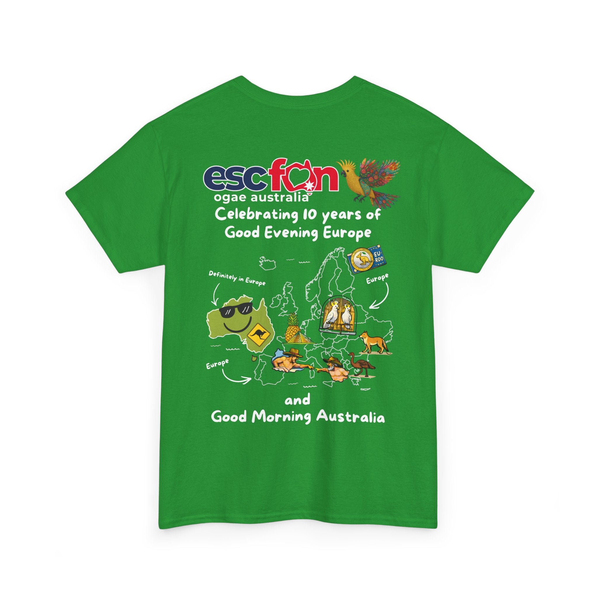 T-Shirt | 10 Year Anniversary - Back Print only - White Logos - Good Evening Europe Good Morning Australia