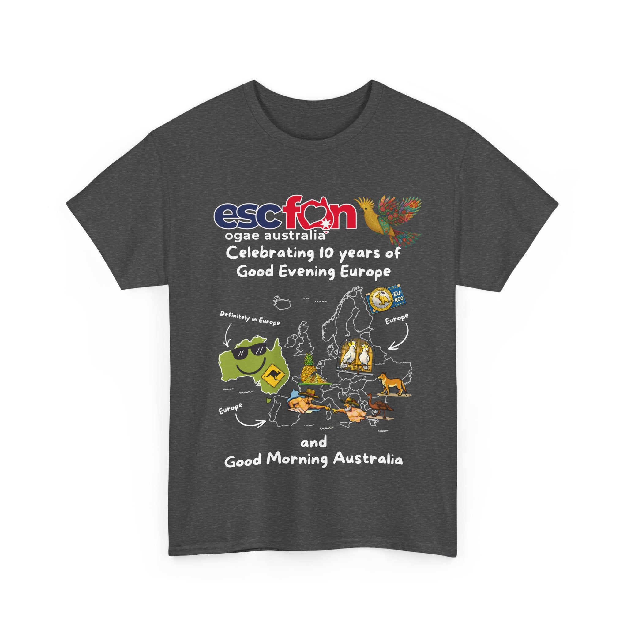 T-Shirt | 10 Year Anniversary - Front Print only - White Logos - Good Evening Europe Good Morning Australia