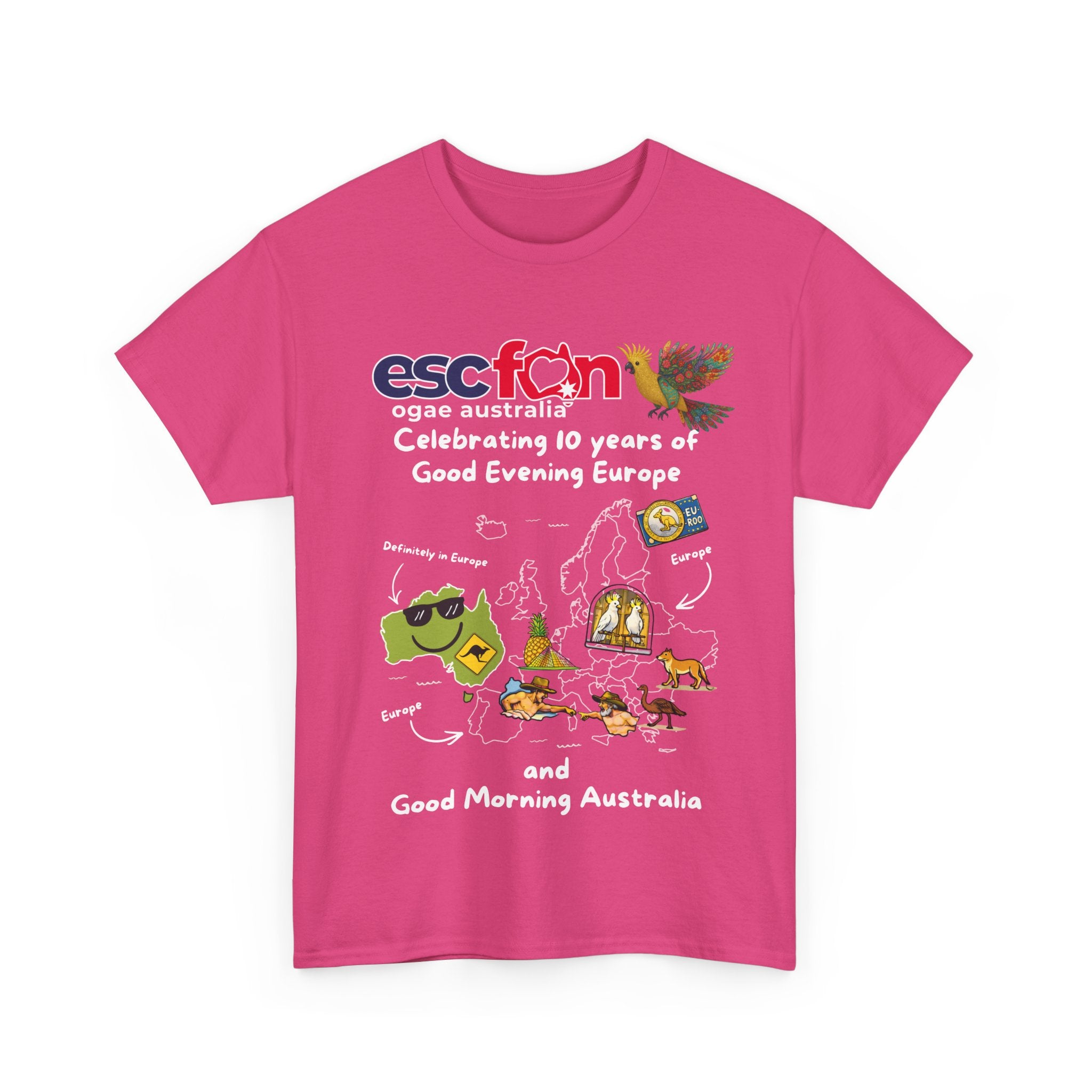 T-Shirt | 10 Year Anniversary - Front Print only - White Logos - Good Evening Europe Good Morning Australia