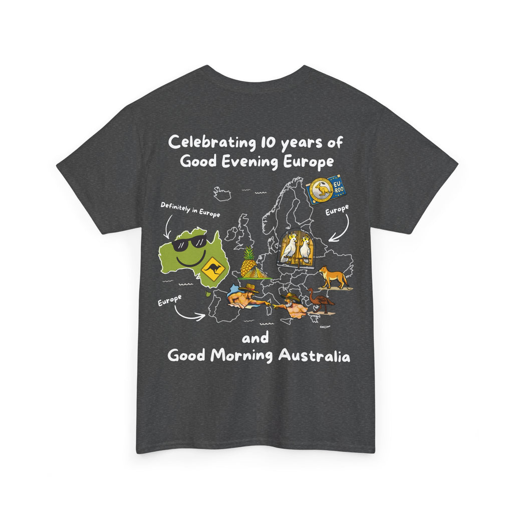T-Shirt | 10 Year Anniversary - Front & Back Print - White Logos - Good Evening Europe Good Morning Australia