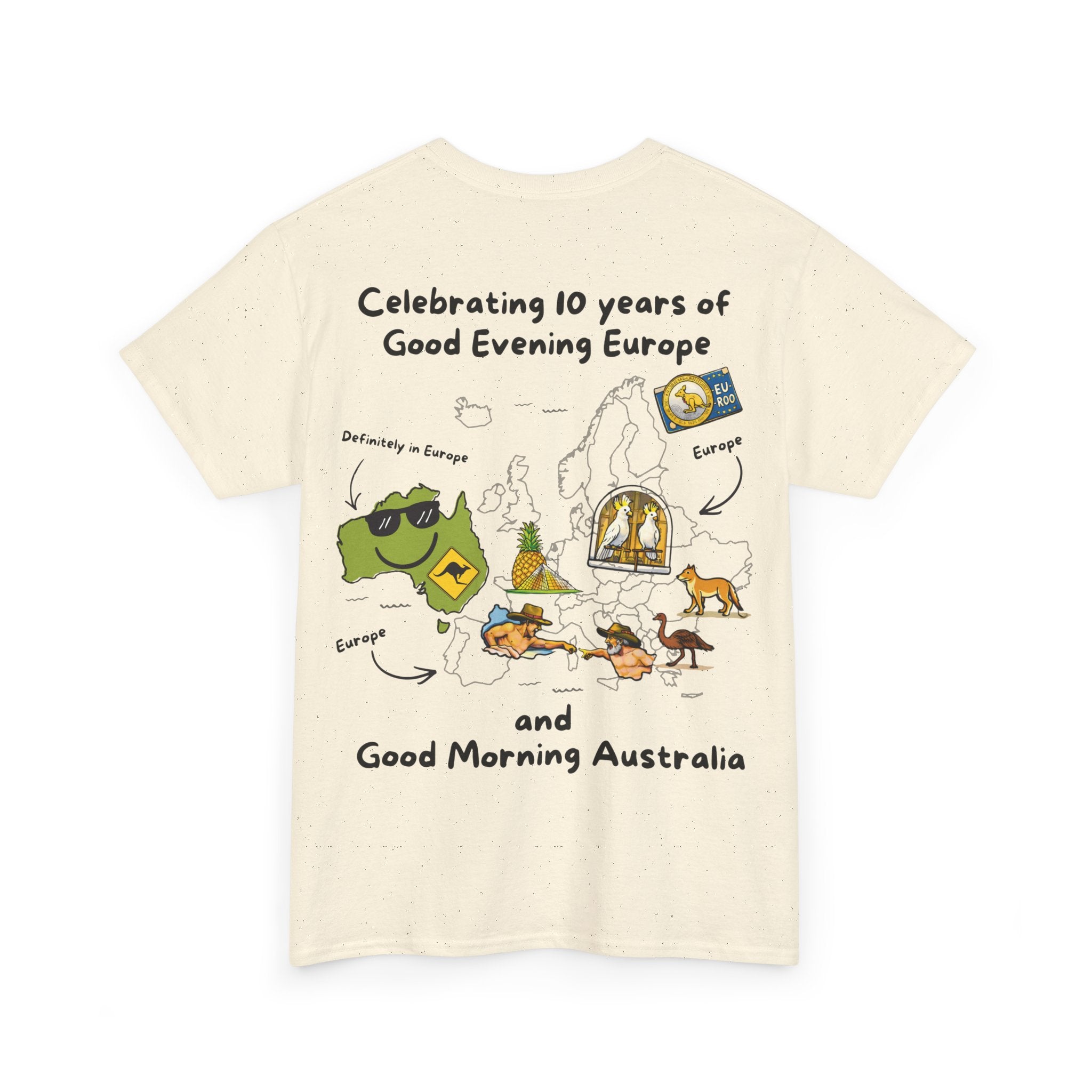 T-Shirt | 10 Year Anniversary - Front & Back Print - Black Logos - Good Evening Europe Good Morning Australia