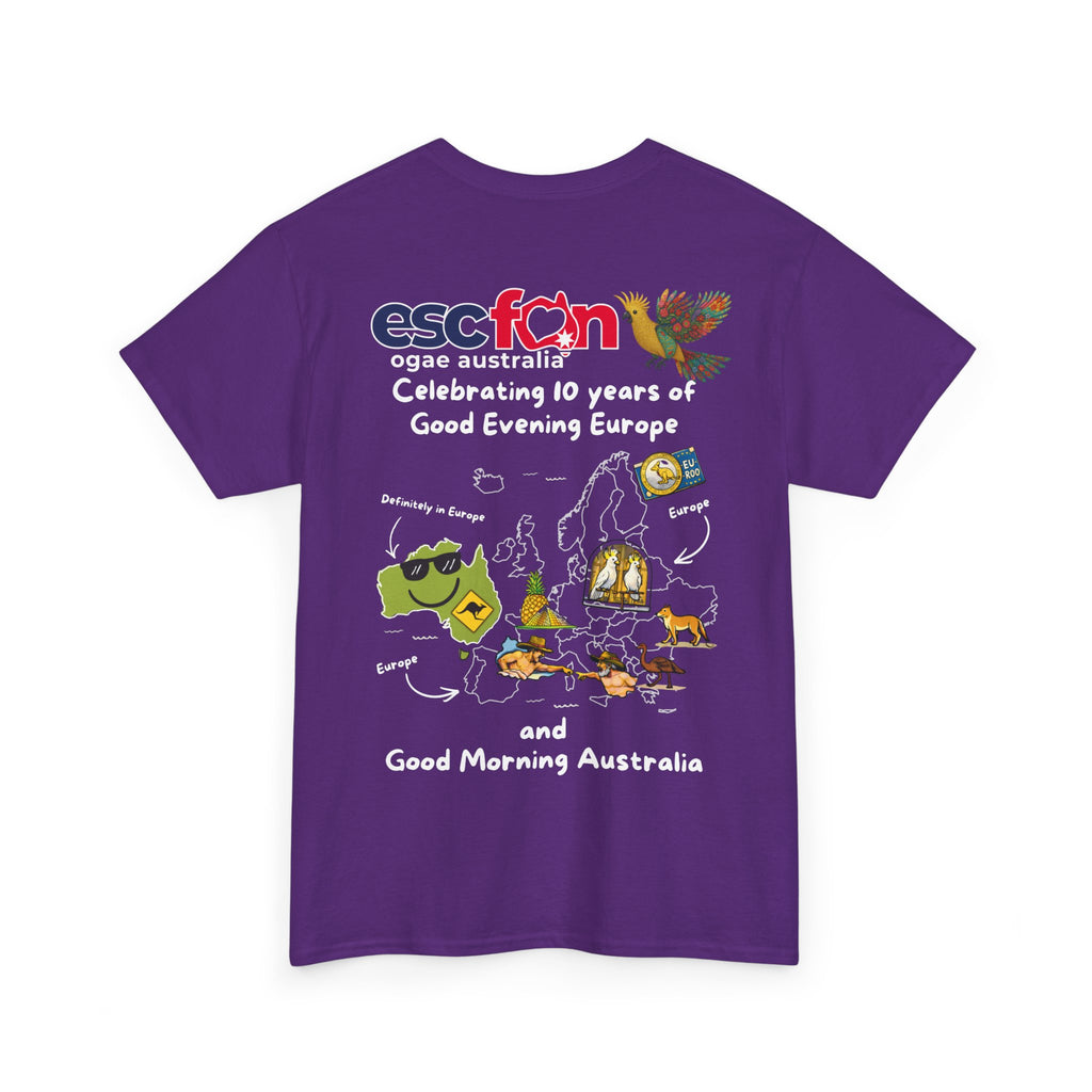 T-Shirt | 10 Year Anniversary - Back Print only - White Logos - Good Evening Europe Good Morning Australia