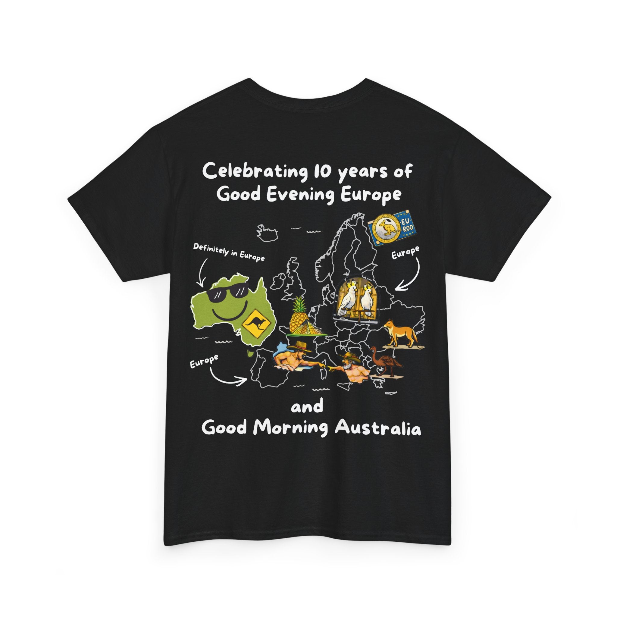 T-Shirt | 10 Year Anniversary - Front & Back Print - White Logos - Good Evening Europe Good Morning Australia