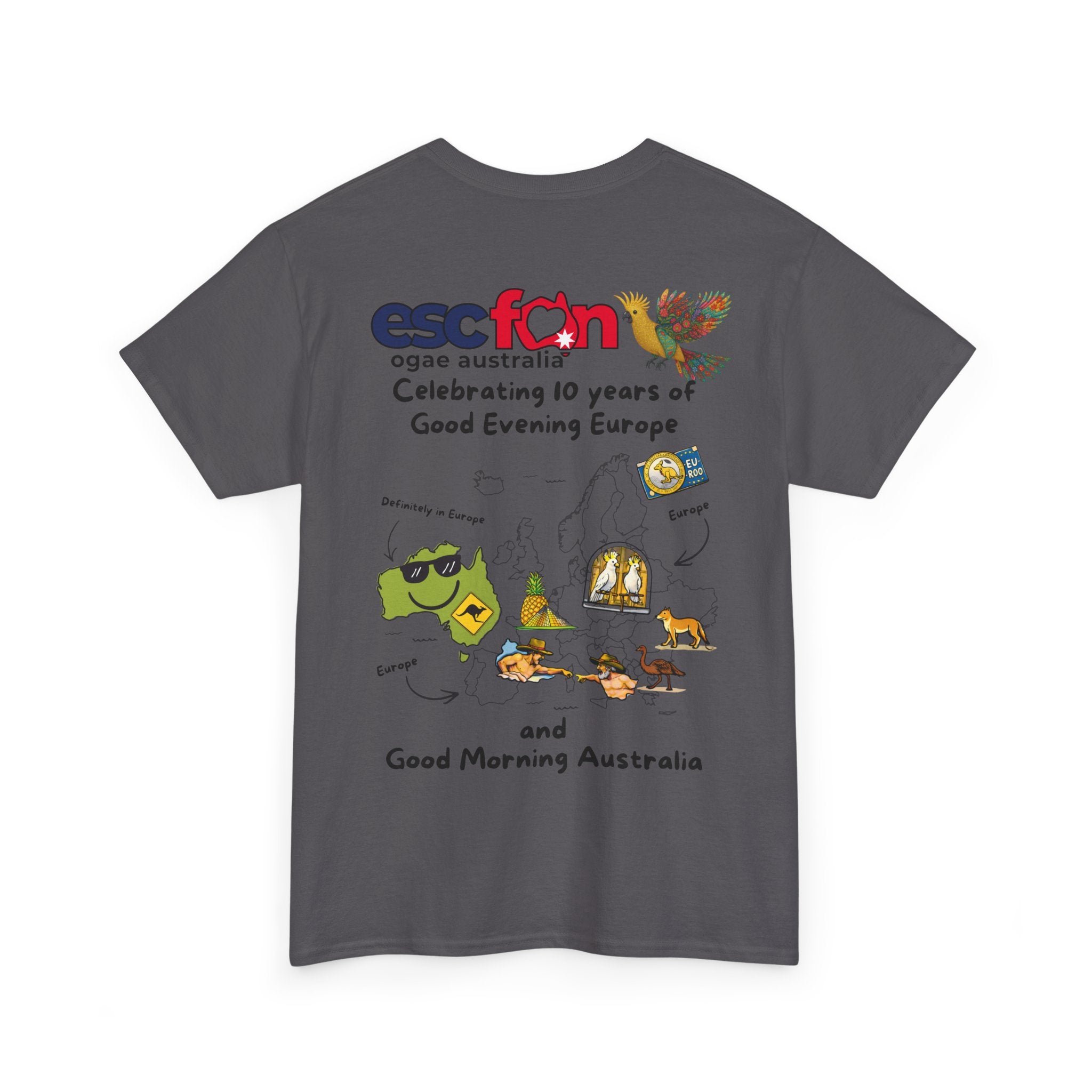 T-Shirt | 10 Year Anniversary - Back Print only - Black Logos | Good Evening Europe Good Morning Australia