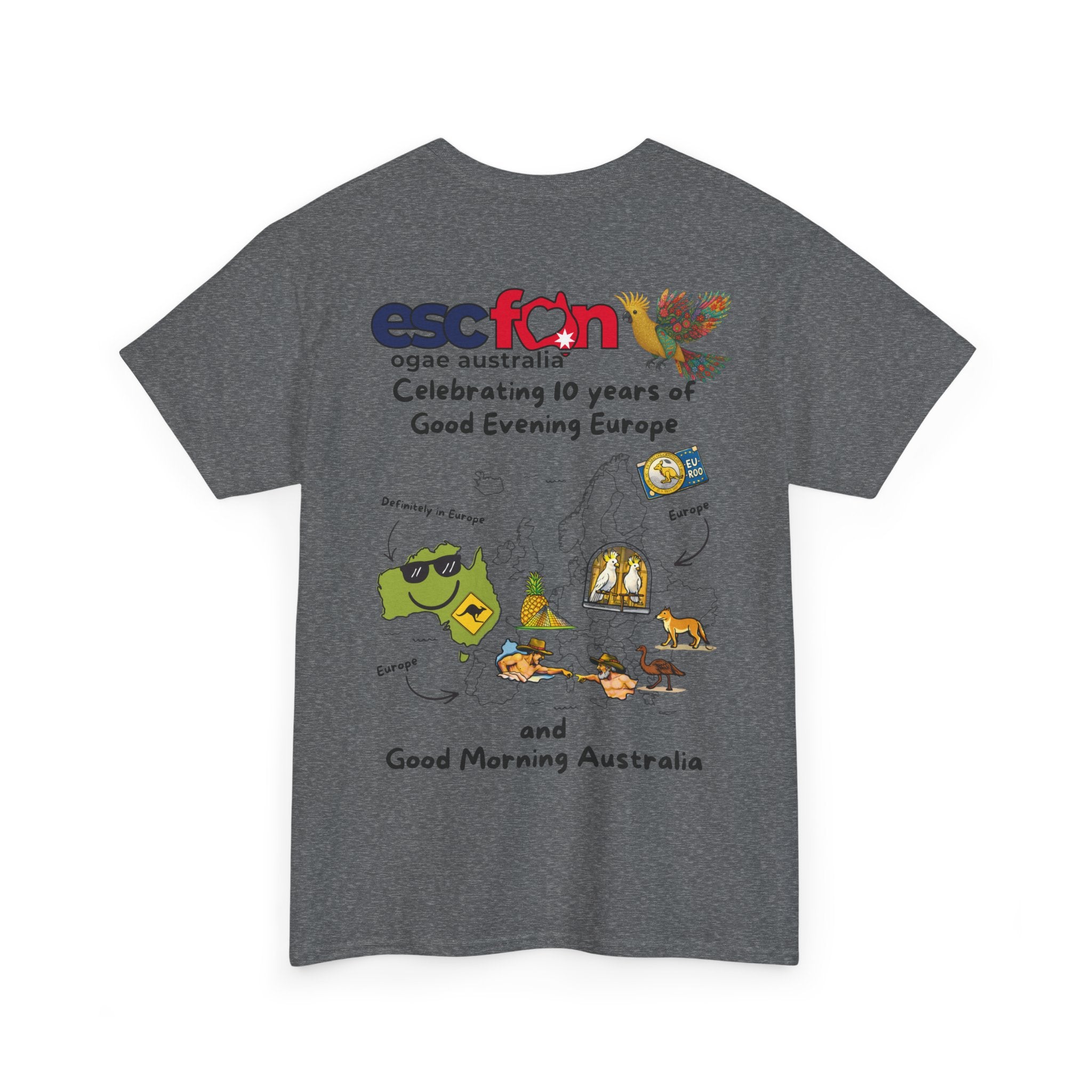 T-Shirt | 10 Year Anniversary - Back Print only - Black Logos | Good Evening Europe Good Morning Australia