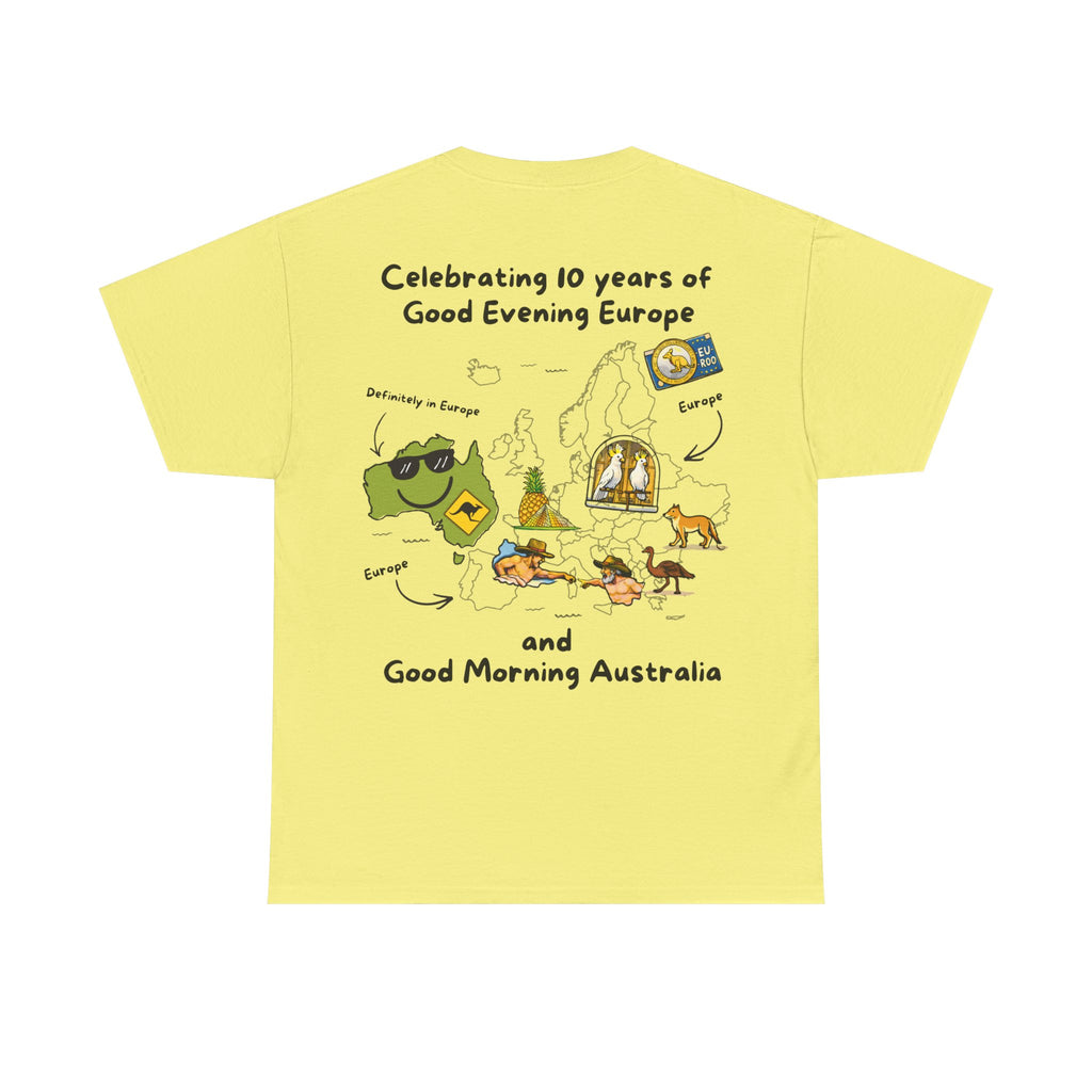 T-Shirt | 10 Year Anniversary - Front & Back Print - Black Logos - Good Evening Europe Good Morning Australia