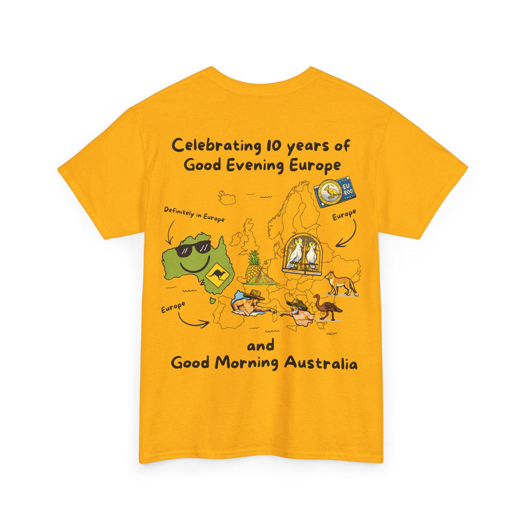 T-Shirt | 10 Year Anniversary - Front & Back Print - Black Logos - Good Evening Europe Good Morning Australia
