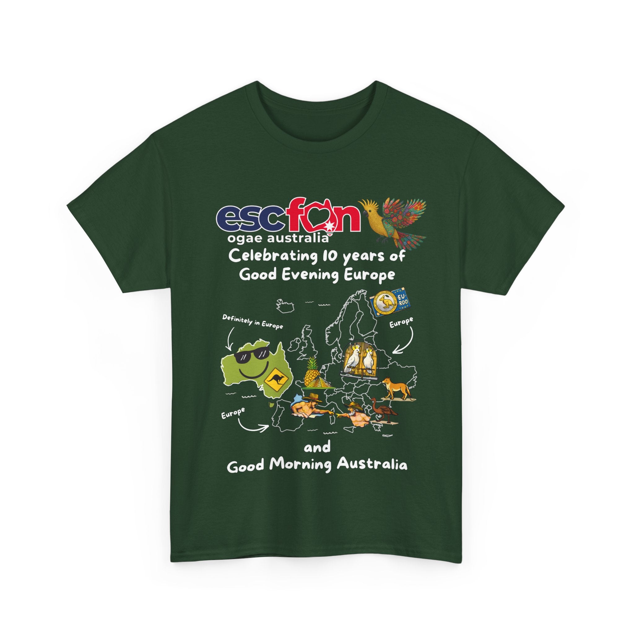 T-Shirt | 10 Year Anniversary - Front Print only - White Logos - Good Evening Europe Good Morning Australia